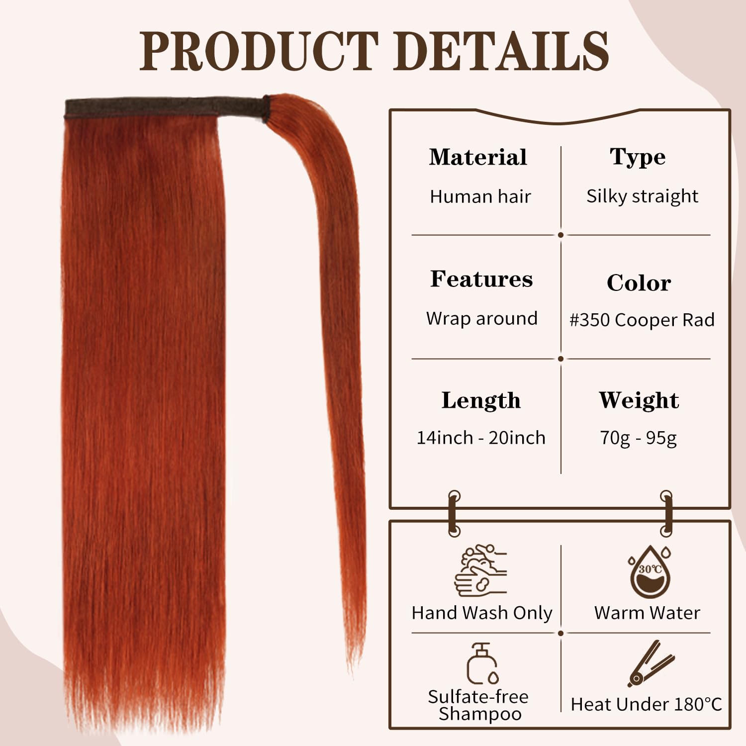 18'' Ponytail Extension Human Hair #350 Copper Red Clip In Ponytail Hair Extension 85G Straight Remy Human Hair Wrap Around Pony