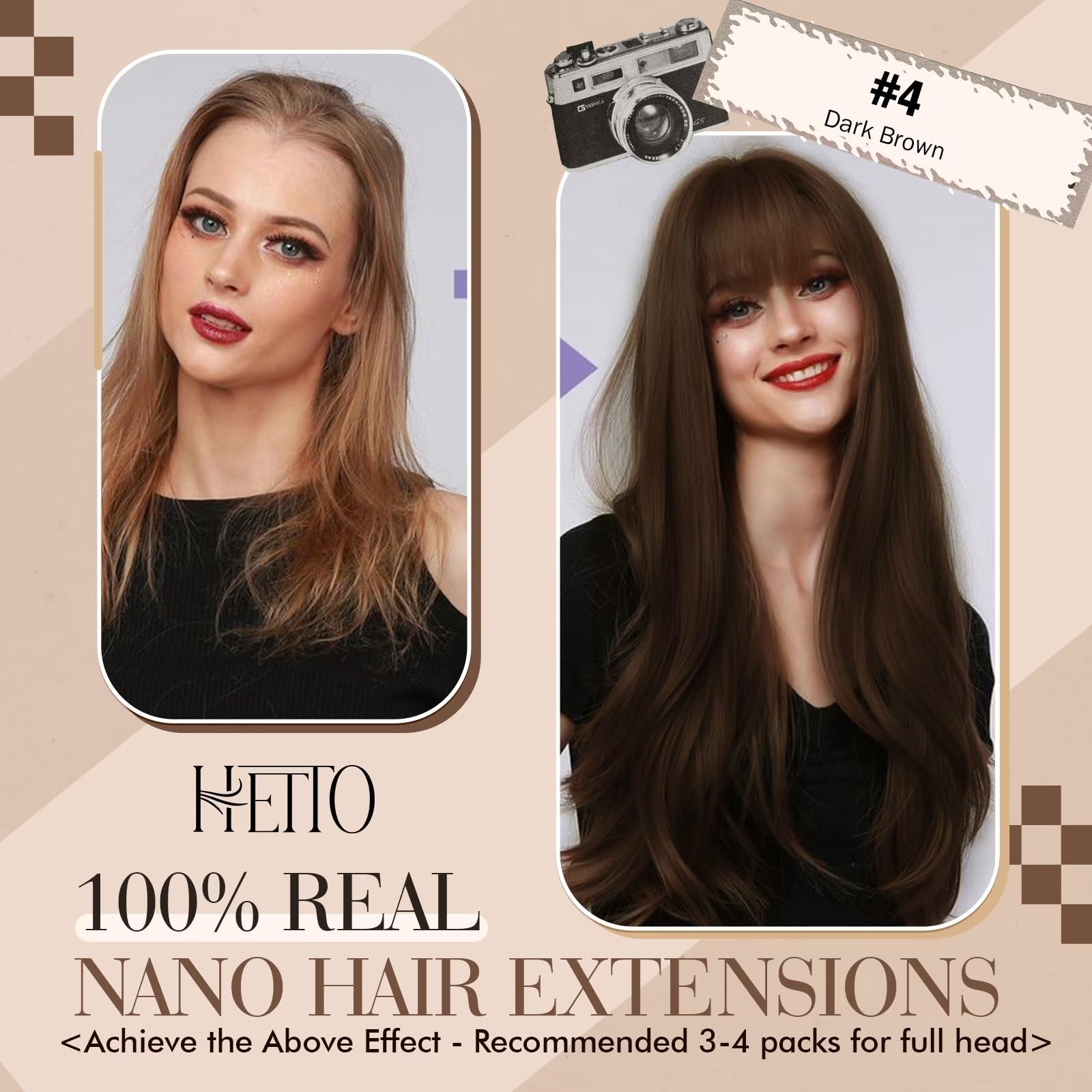 Hetto Nano Beads Human Hair Extensions #4 Dark Brown Nano Link Extensions Human Hair 18 Inch Straight Nano Ring Hair Extensions