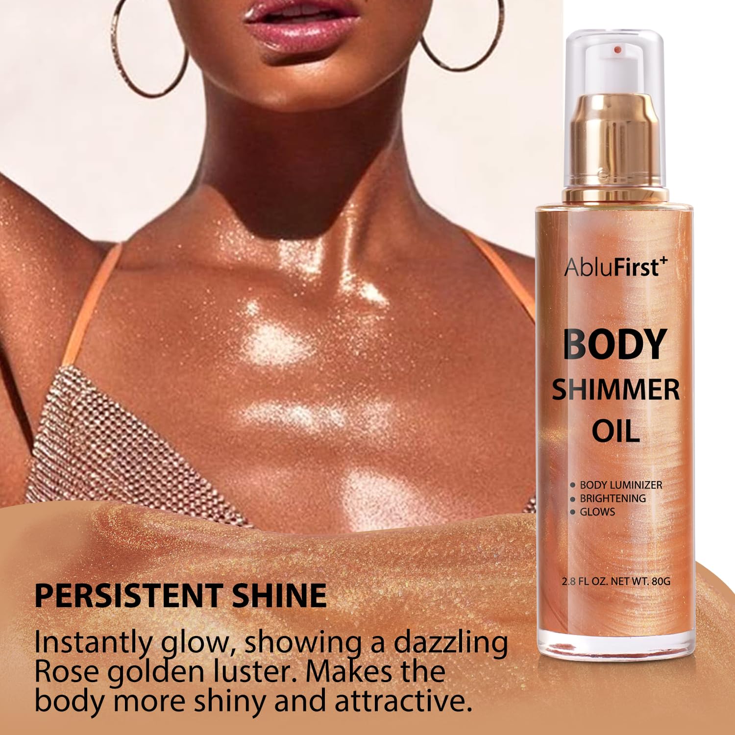 Ablufirst 4 Colors Shimmer Body Oil Face Glitter Summer Body Moisturizing Light Shimmering Glow Non-Sticky Party Body Luminizer