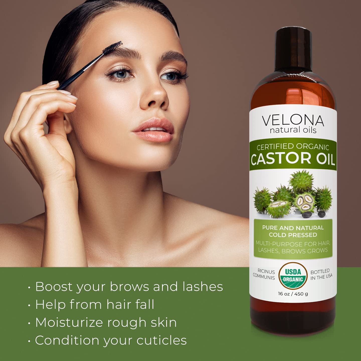 Velona Usda Certified Organic Castor Oil - 32 Fl Oz | For Hair Growth, Boost Eyelashes, Eyebrows | Cold Pressed, Natural Oil, Us