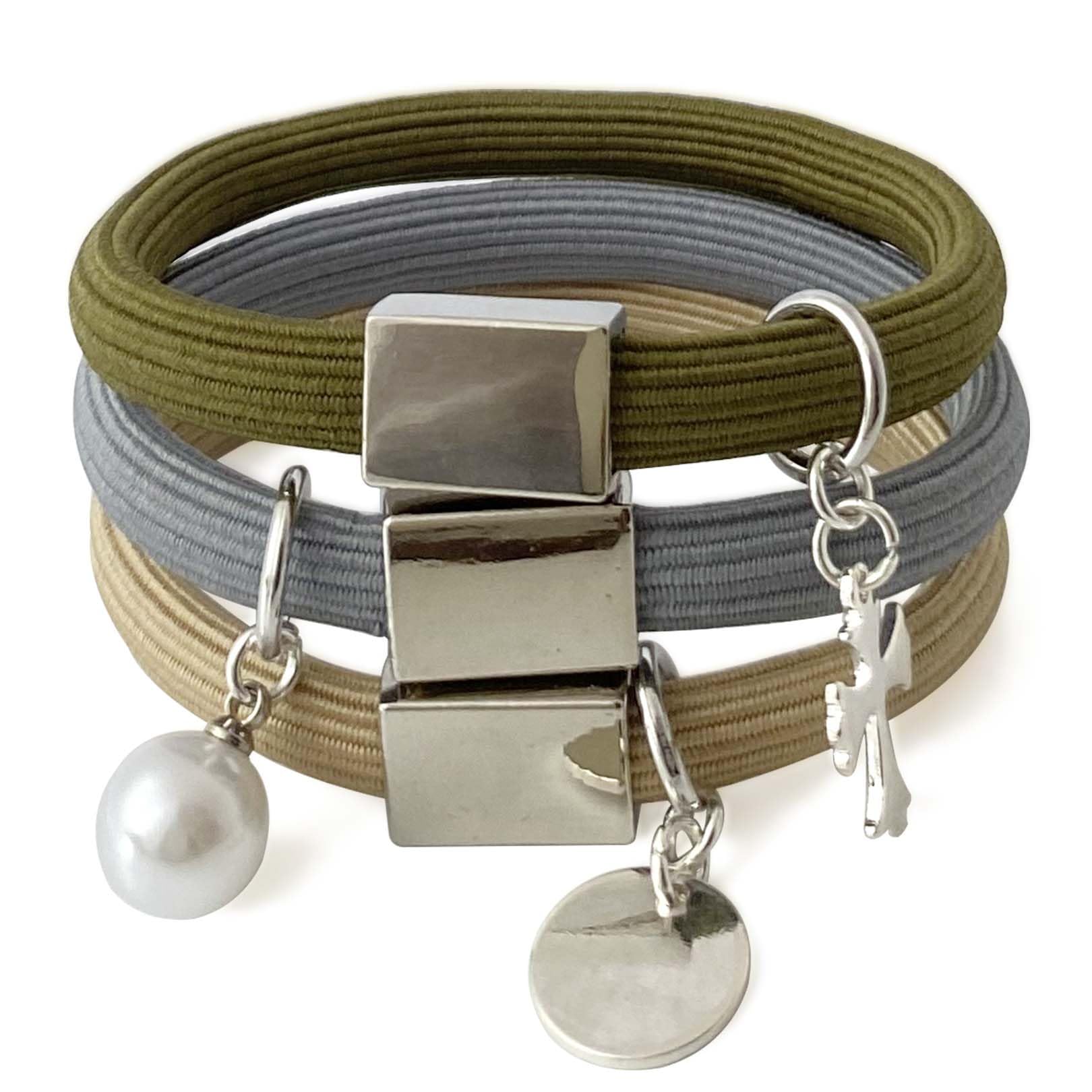 Thick Hair Ties Bracelets for Women, 8mm Ponytail Holders with Silver Charm, Cute Elastic Bands for Girls, Soft No-Slip Stretchy