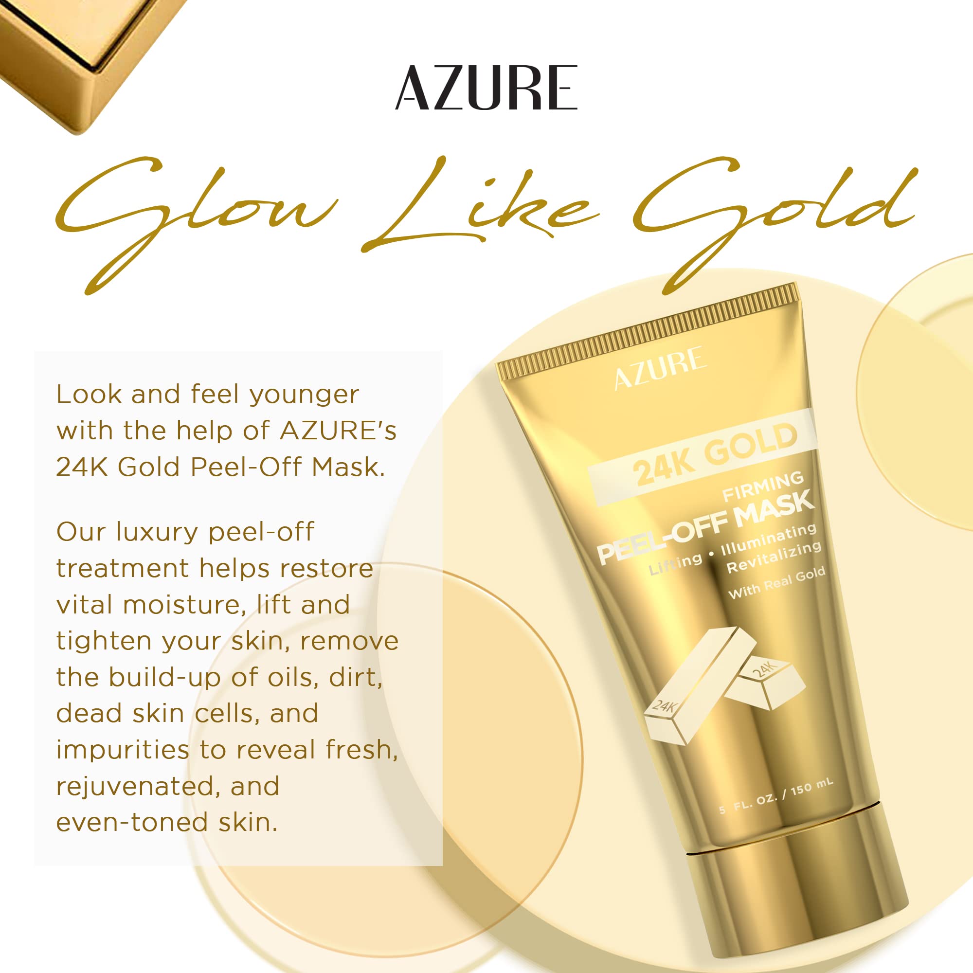 24K Gold Firming Peel Off Face Mask - Removes Blackheads, Dirt & Oils | Firms Lifts & Moisturizes | Reduces Wrinkles, Fine Lines