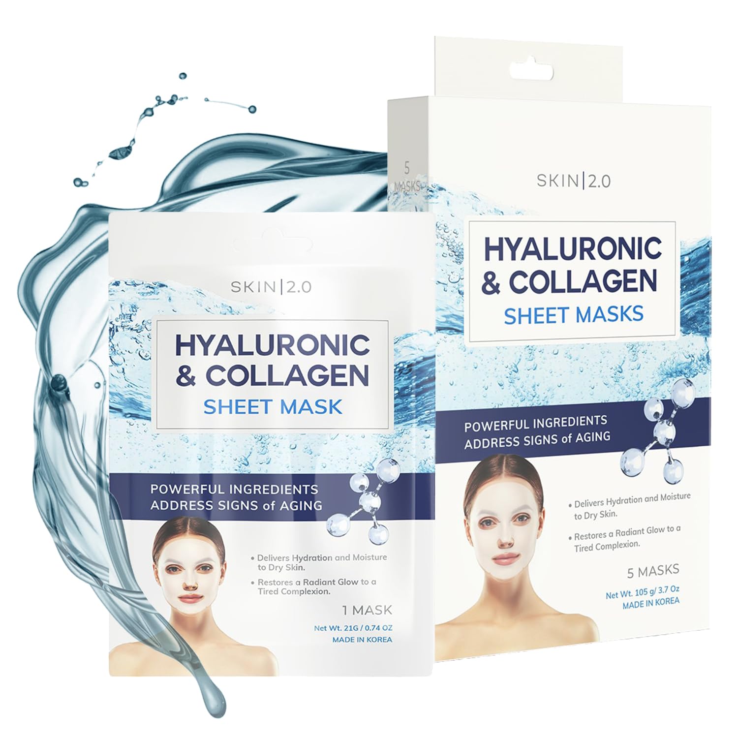 Skin 2.0 Hyaluronic Acid and Collagen Sheet Face Mask - Boosts Moisture, Skin Firming, Reduces Signs of Aging, Hydrating Sheet M