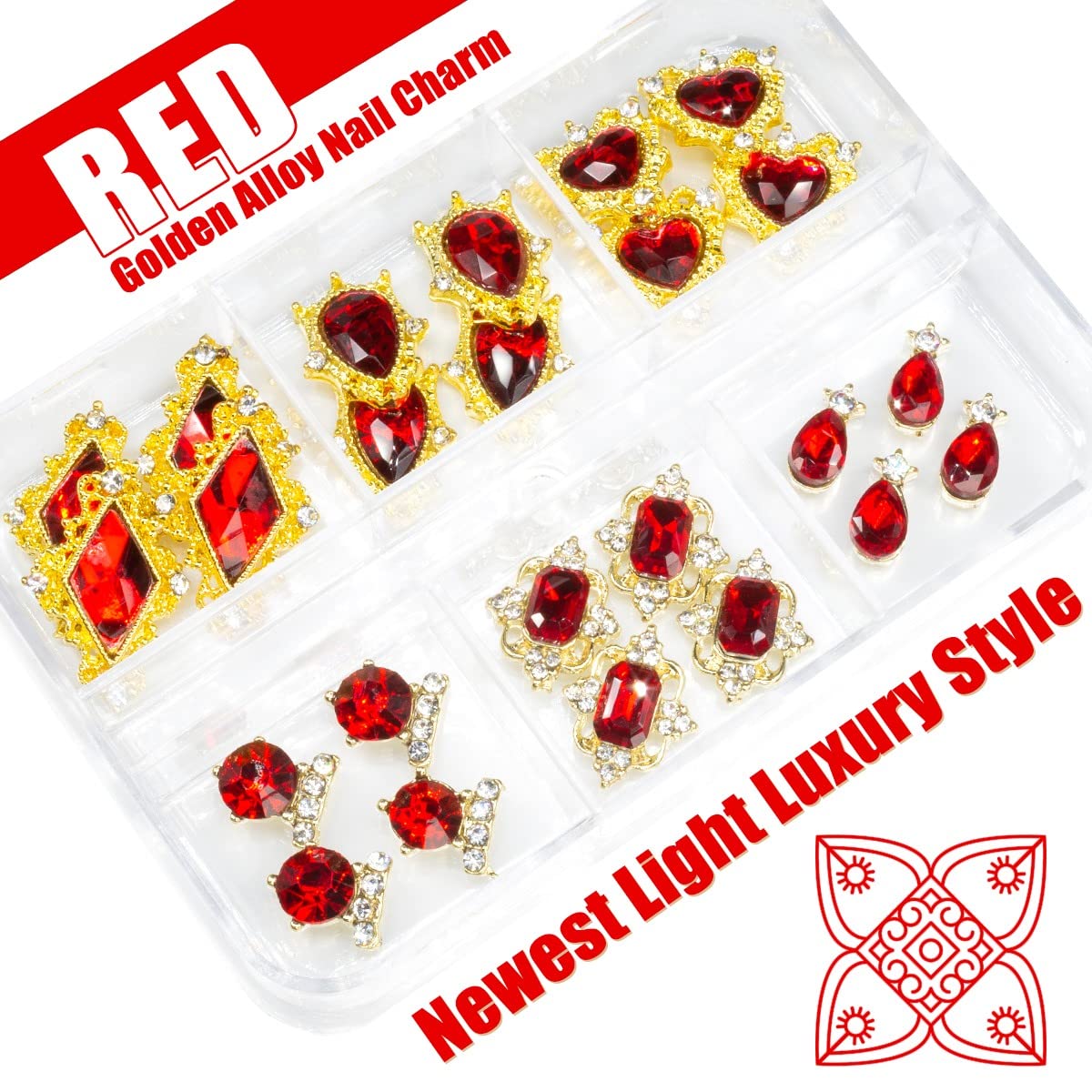 Qiipii 24Pcs Red Nail Rhinestones Luxury Nail Charms Ruby Red Heart Charms For Nails 3D Big Nail Gems Crystals Diamonds Jewelry