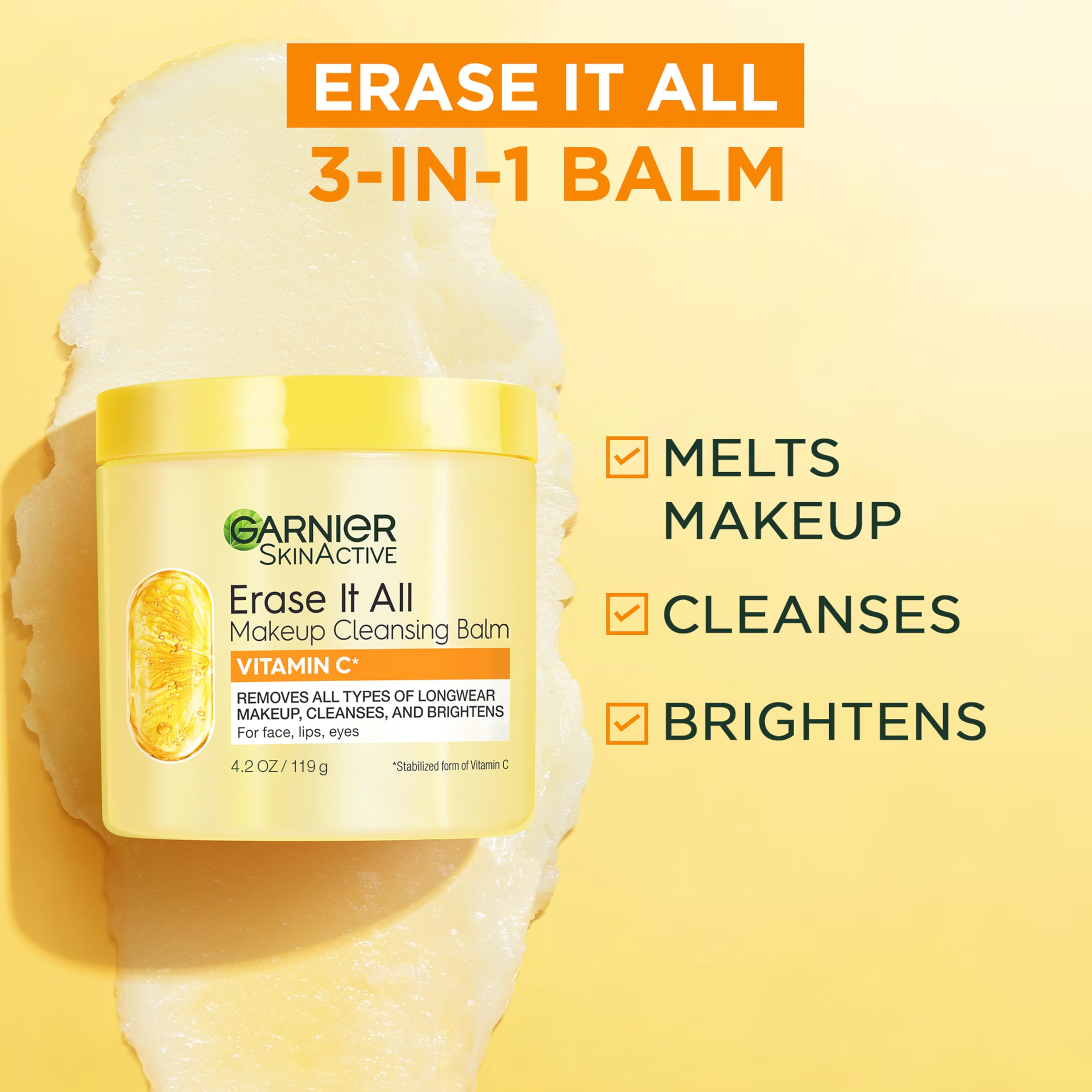 Garnier Erase It All Makeup Cleansing Balm with Vitamin C, 4.2 Oz - Brightening Facial Cleanser & Makeup Remover