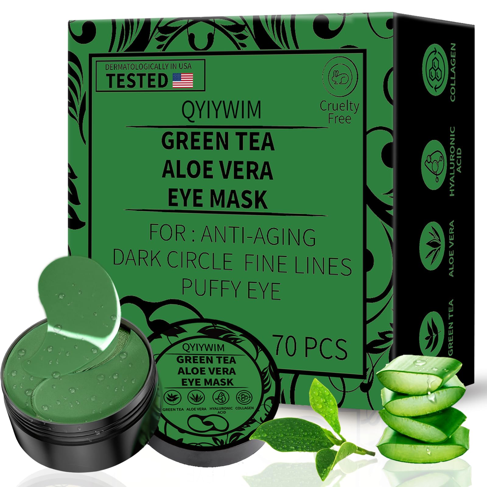 Qyiywim Under Eye Patches 70PCS, Green Tea Eye Patches for Puffy Eyes Treatment, Under Eye Masks for Dark Circles and Puffiness,