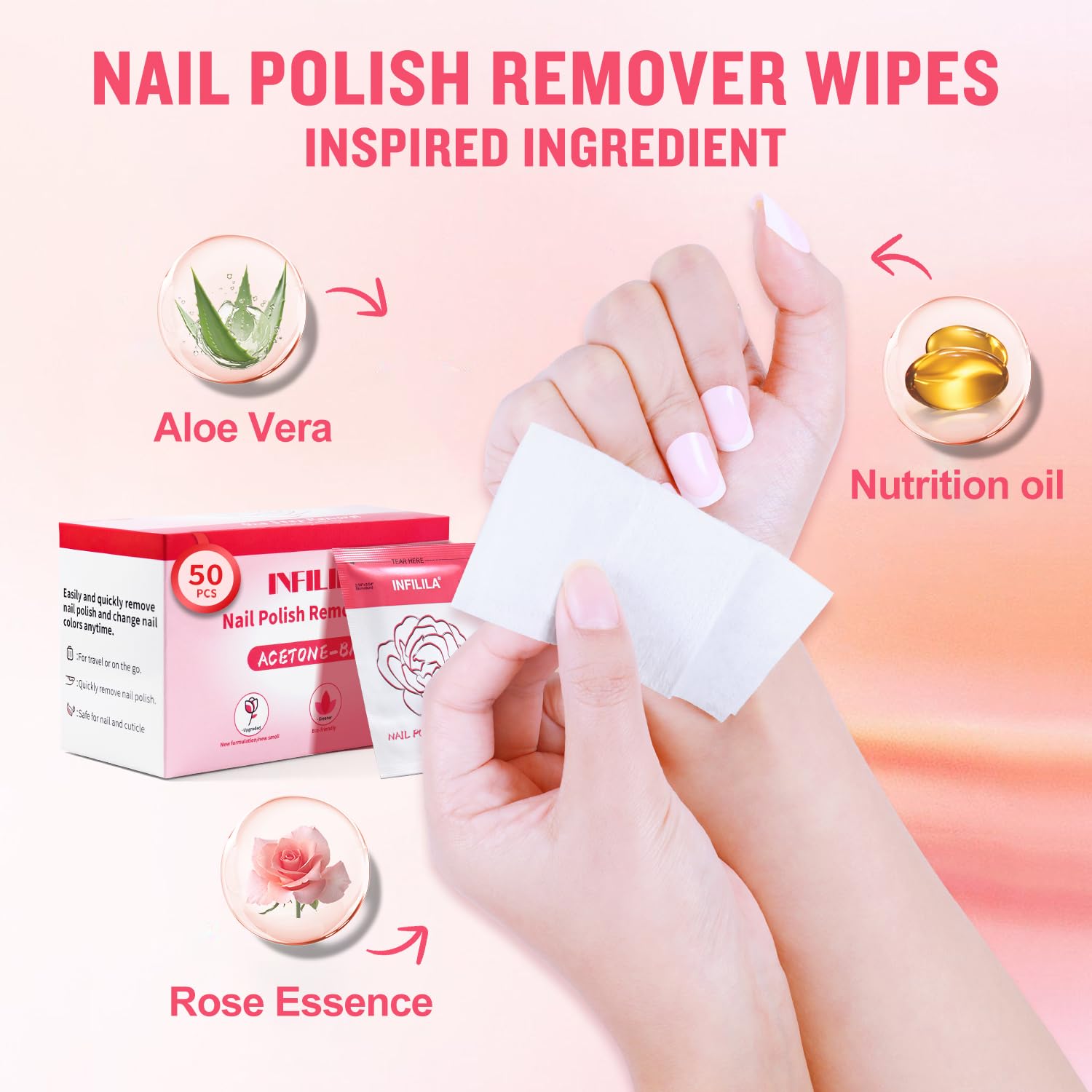 Nxj Infilila Nail Polish Remover Pads, 2024 Newest Acetone Nail Polish Remover, 50Pcs Quick Nail Polish Remover Wipes, Individua
