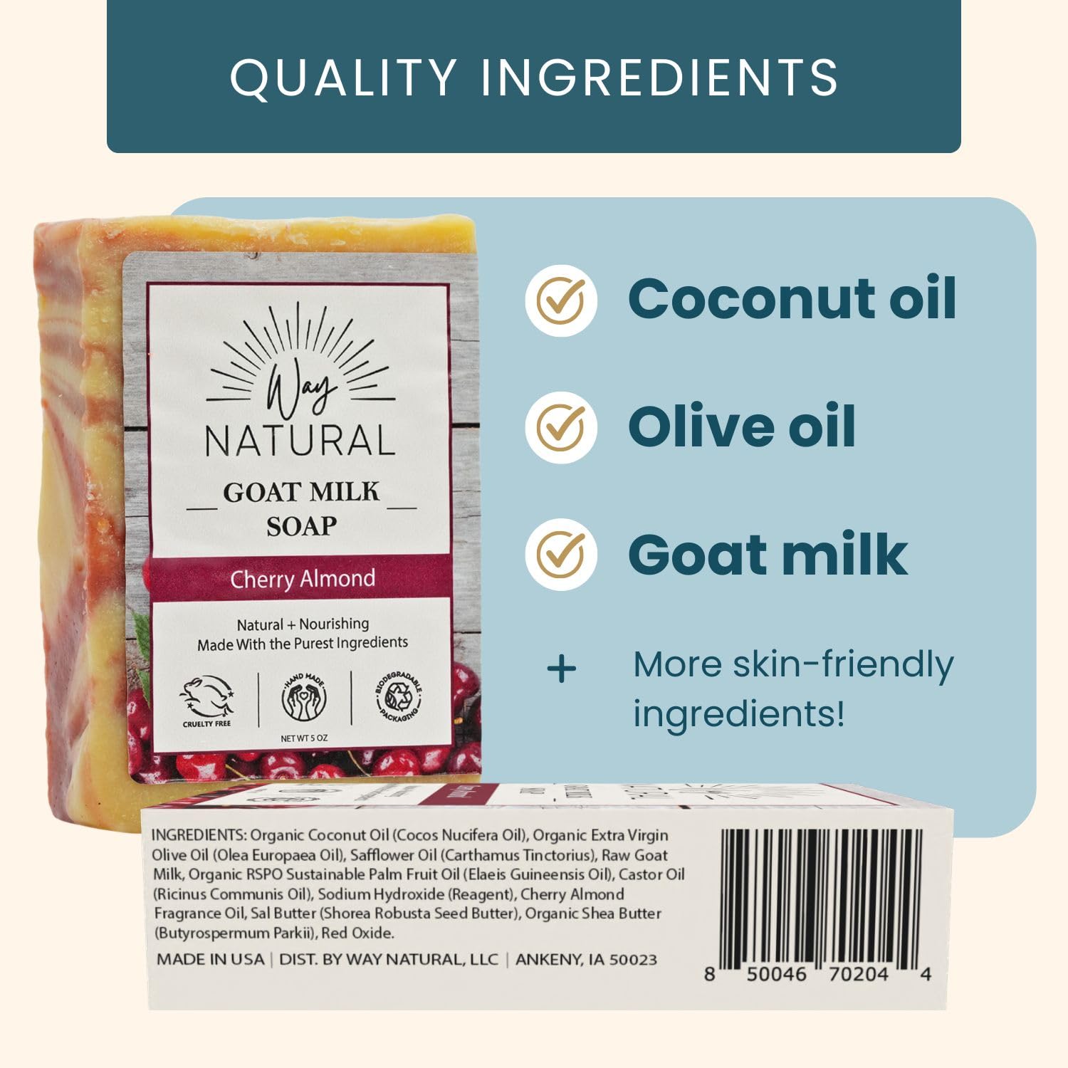 Way Natural Real Goat Milk Soap Bars - 3 Large (5Oz), Premium Clean - Dry Skin Relief, Gentle - Hand/Body Bar Soap, Organic Goat