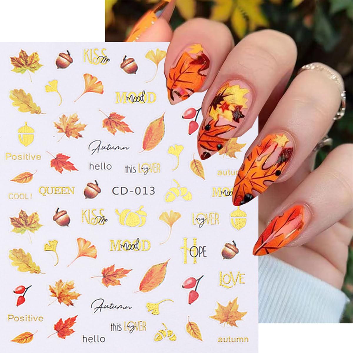 Fall Nail Art Stickers Decals Autumn Yellow Leaves Nail Decals Bronzing Thanksgiving Nail Stickers 3D Pinecone Maple Leaf Nail A