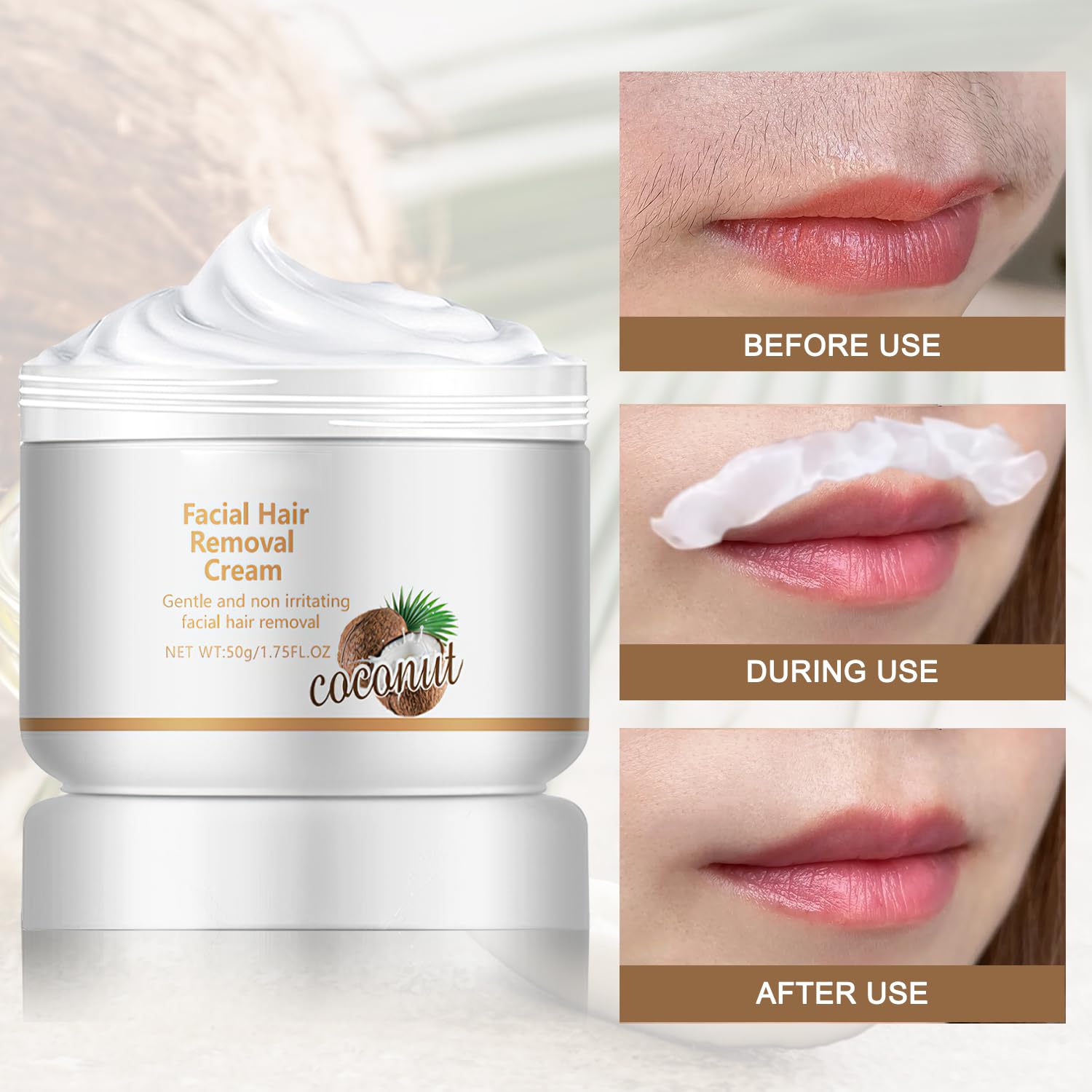Facial Depilatory Cream, Coconut Facial Hair Removal Cream For Upper Lip And Chin For Women, Womens Facial Hair Remover For Sens