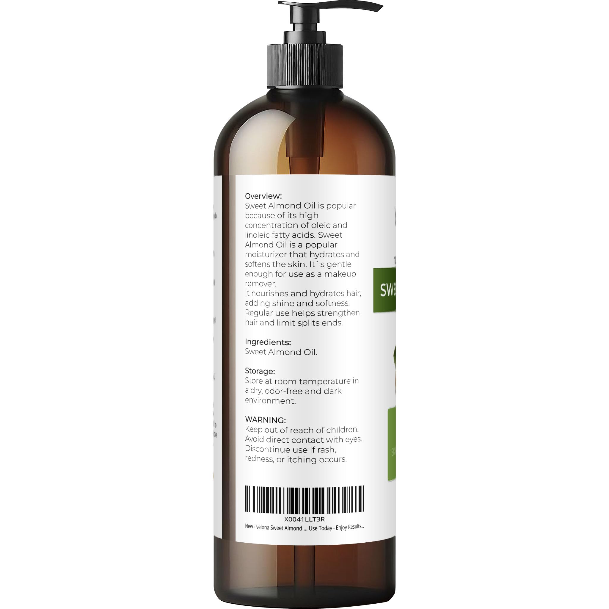 Velona Sweet Almond Oil - 16 Fl Oz | 100% Pure And Natural Carrier Oil |Cold Pressed | Skin, Hair, Body & Face Moisturizing | Us