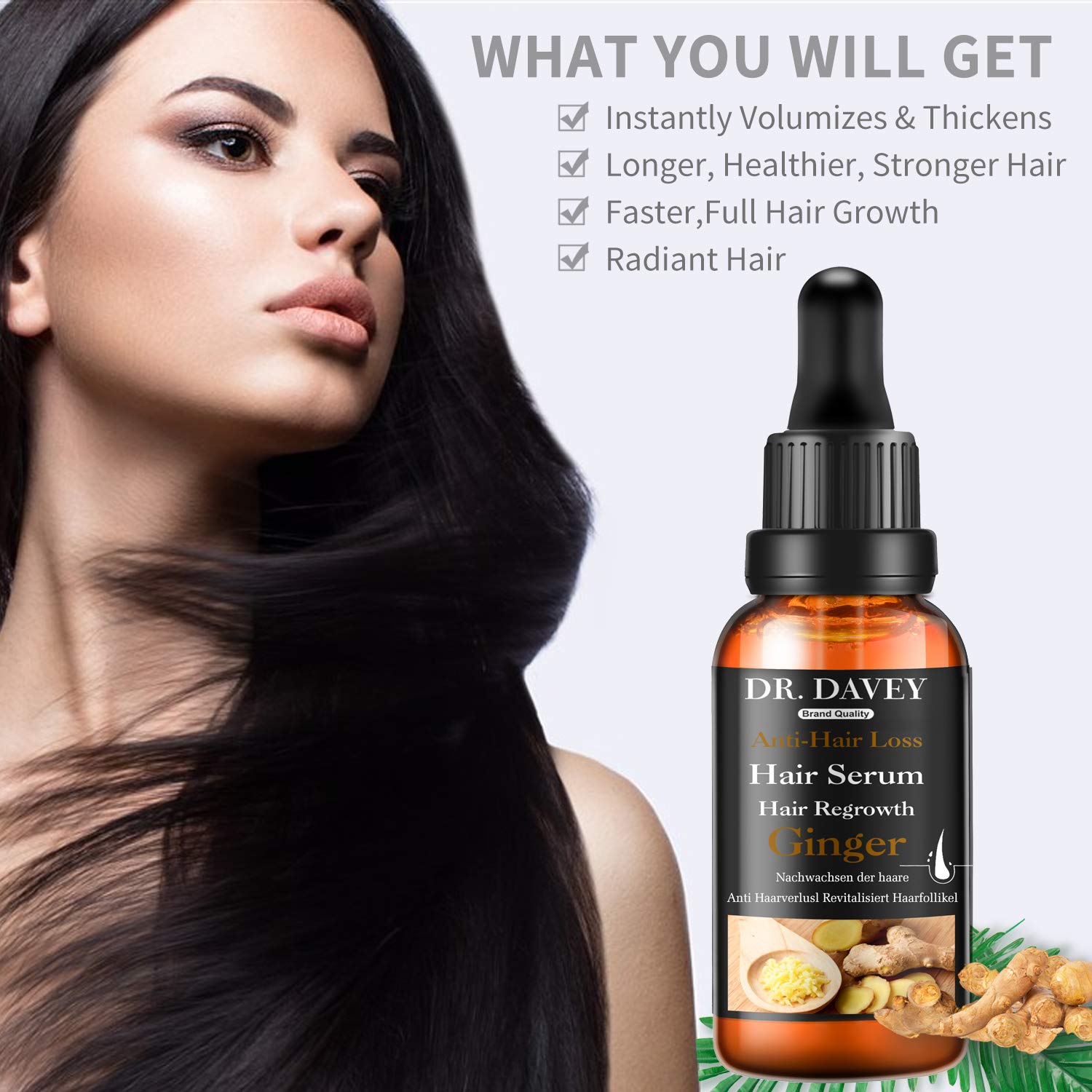 Ginger Hair Growth Serum For Hair Loss And Regrowth For Thicker/Balding/Repairs Hair Follicles/Stronger Hair For Men And Women (