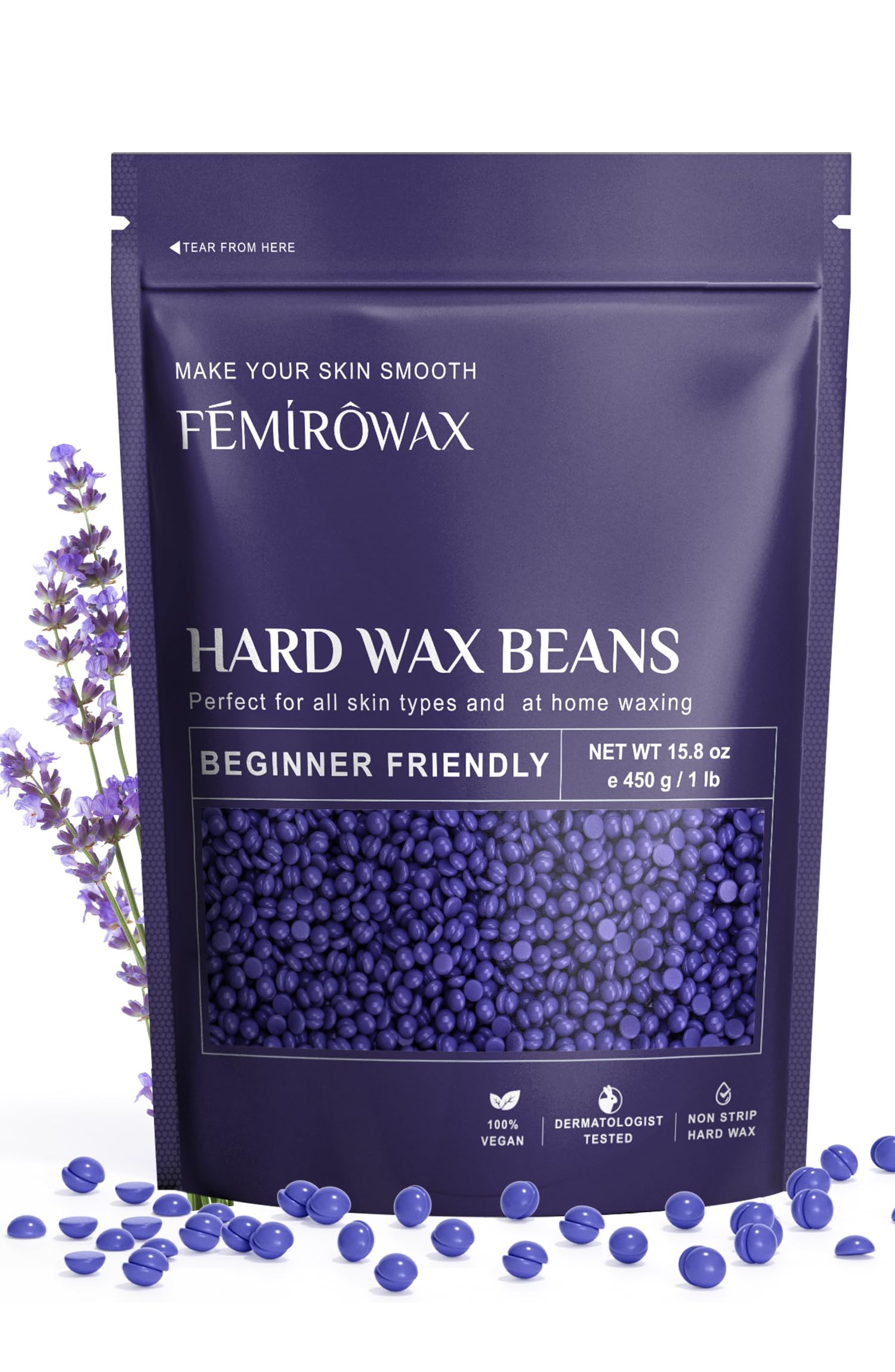 FEMIROWAX Wax Beads, 1lb Hard Wax Beans for Hair Removal Sensitive Skin with Lavender Formula Waxing Beads for Full Body Brazili