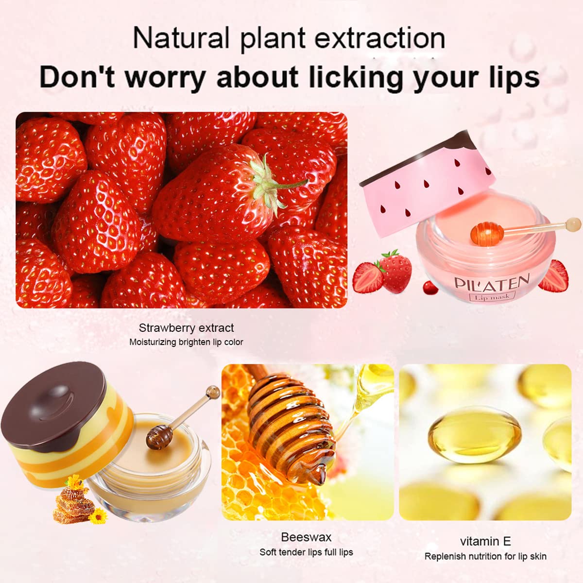 4Pcs Strawberry & Honey Lip Balm, Vitamin E Moisturizing Propolis Sleeping Lip Mask, Effective Reduces Lip Lines Prevention Dry