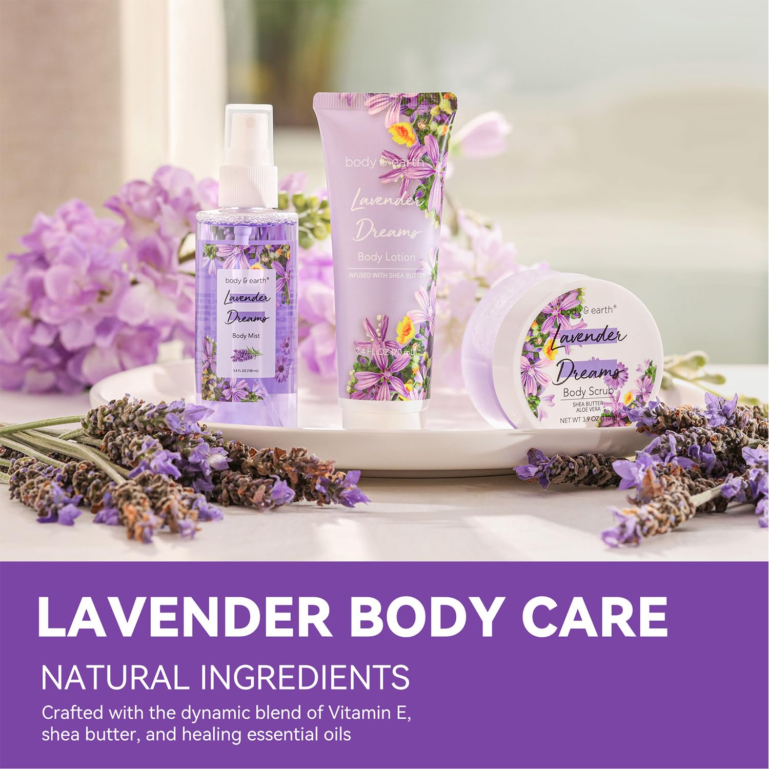 Body & Earth Body Mist Gift Set - Spa Gifts For Women, Perfume, Body Lotion, And Body Scrub In A Lavender Dreams Box- Perfect Bi