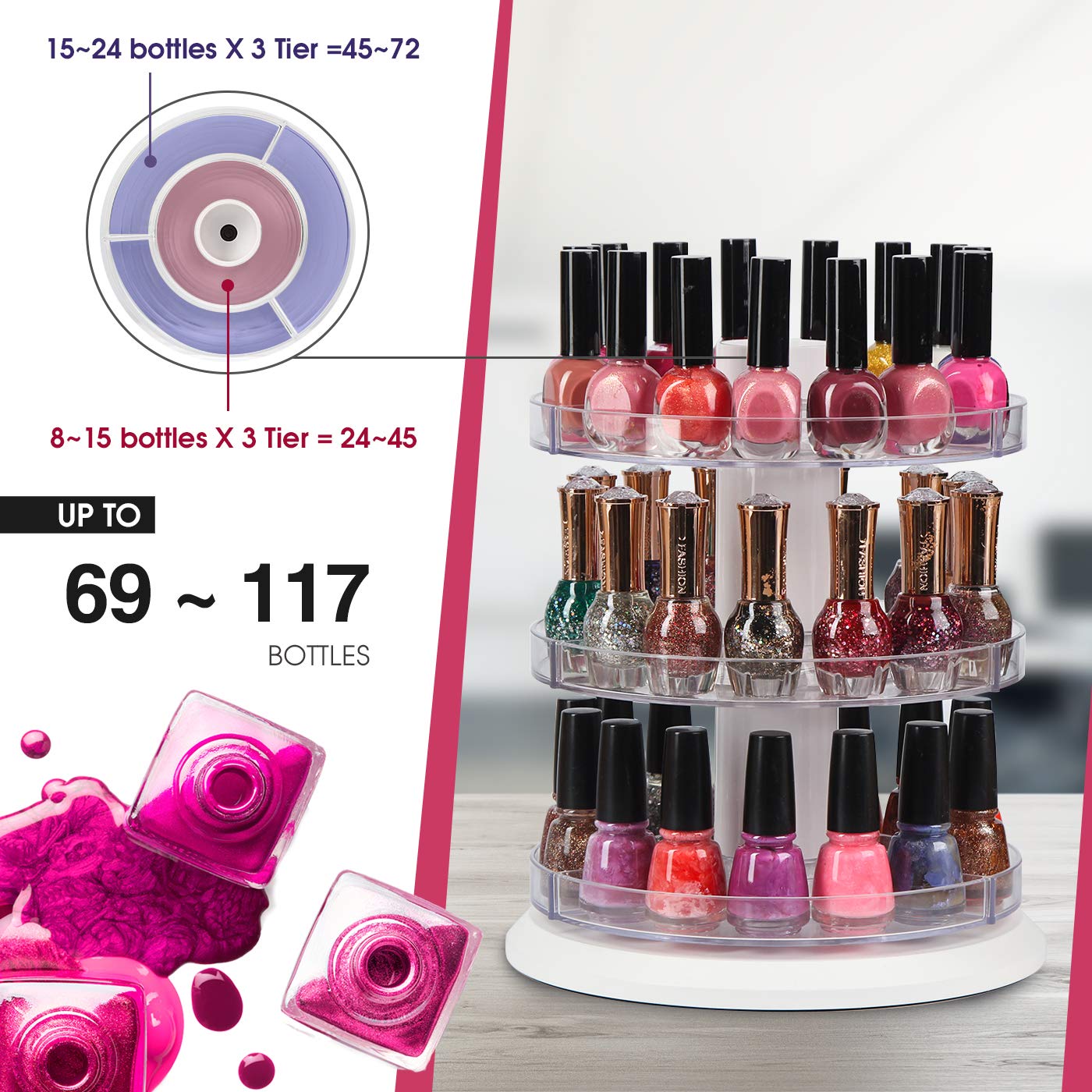 J Jackcube Design Acrylic Rotating Nail Polish Display Stand Spinning Rack Holds 69-117 Bottles, 3 Tier Storage Holder Organizer