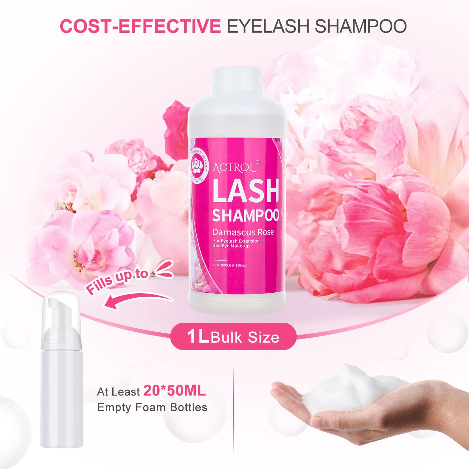 Actrol Eyelash Extension Cleanser Rose 1L Natural Lash Extension Shampoo Professional Eyelid Foaming Cleanser Paraben & Sulfate