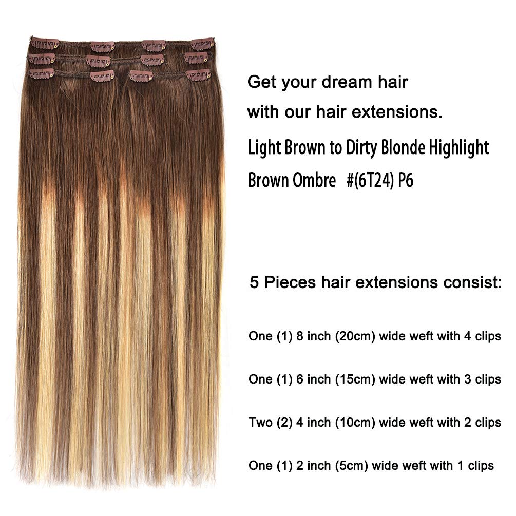 5 Pieces 14'' Remy Clip In Hair Extensions Human Hair Light Brown To Dirty Blonde Highlight Brown Ombre - Silky Straight Short T