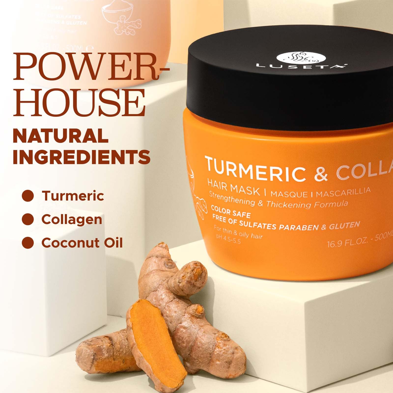 Luseta Turmeric & Collagen Hair Mask Thickening Hair Treatment For Thin And Oily Hair, Nourish Scalp, Frizz Control & Add Shine,