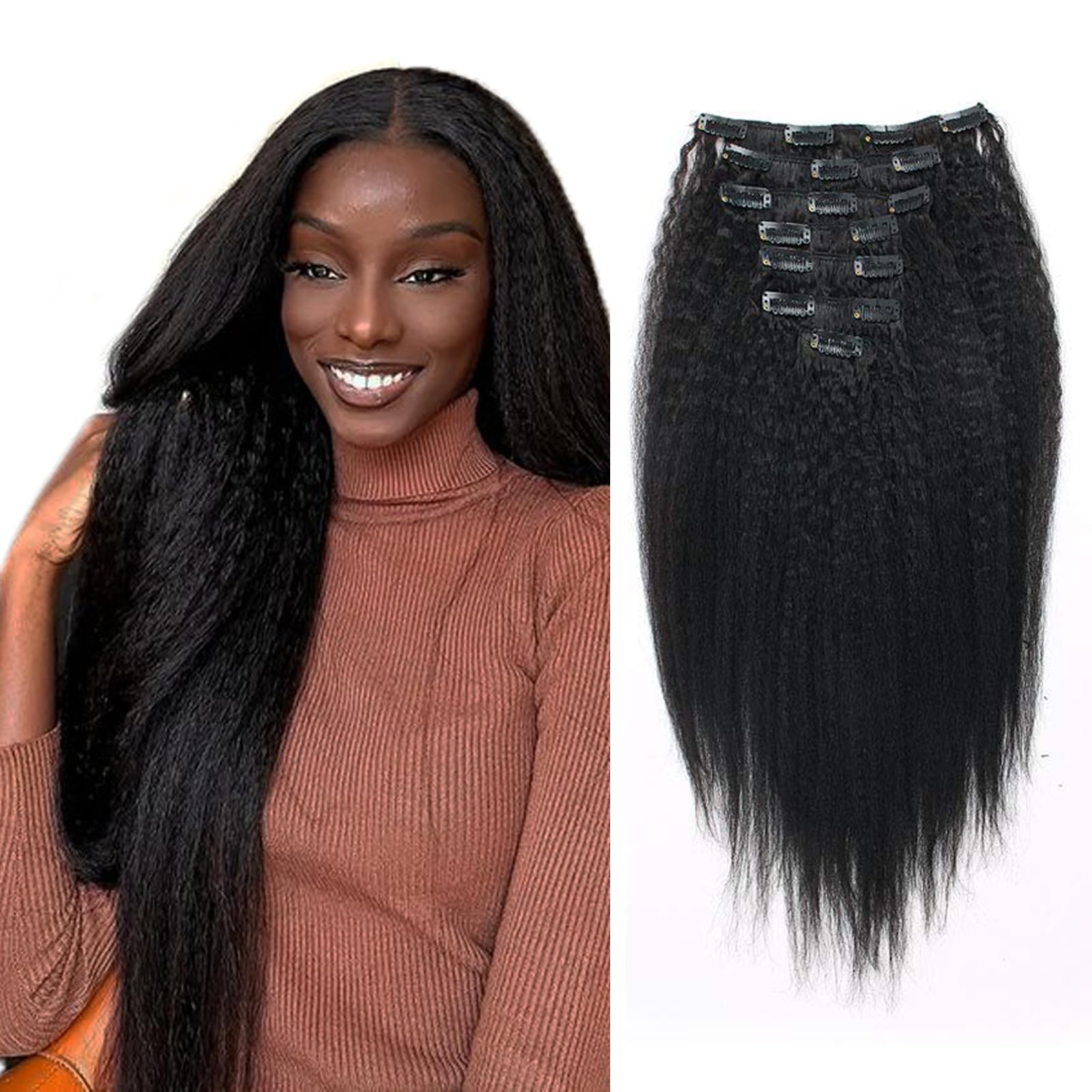 Lovrio 9A Grade Kinky Straight Brazilian Virgin Hair Clip in Extension for Black Women, Double Lace Wefts, Natural Black Color 7