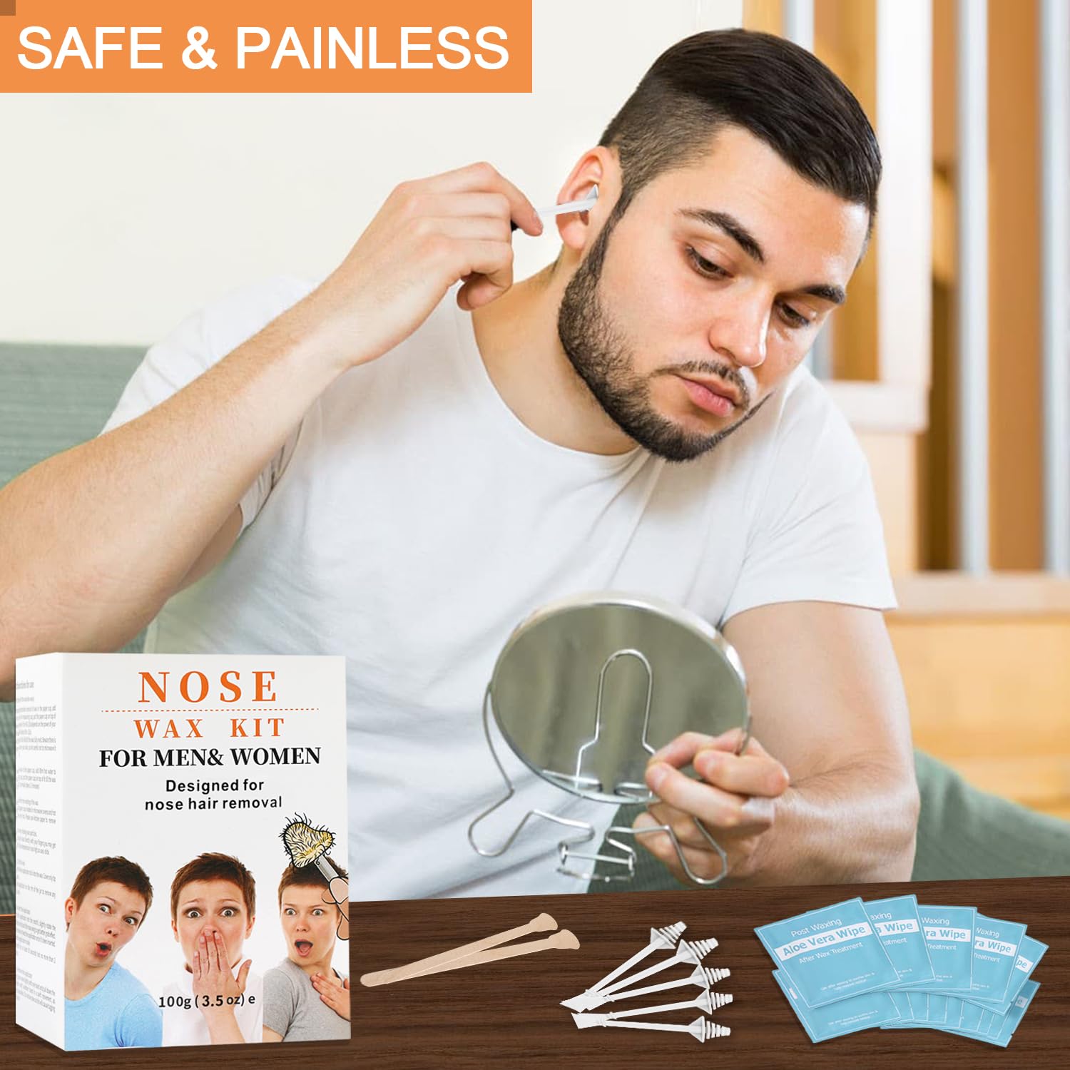 100G Nose Hair Waxing Kit With 30 Applicators (15 Uses), 10 Mustache Guards, 15 Wipes For Quick And Painless Hair Removal On Nos