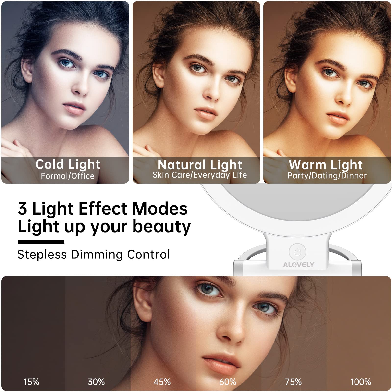 Alovely Travel Magnifying Mirror With Light, Lighted Makeup Mirror With 1X/10X Magnification Portable Led Vanity Mirror With 3 C