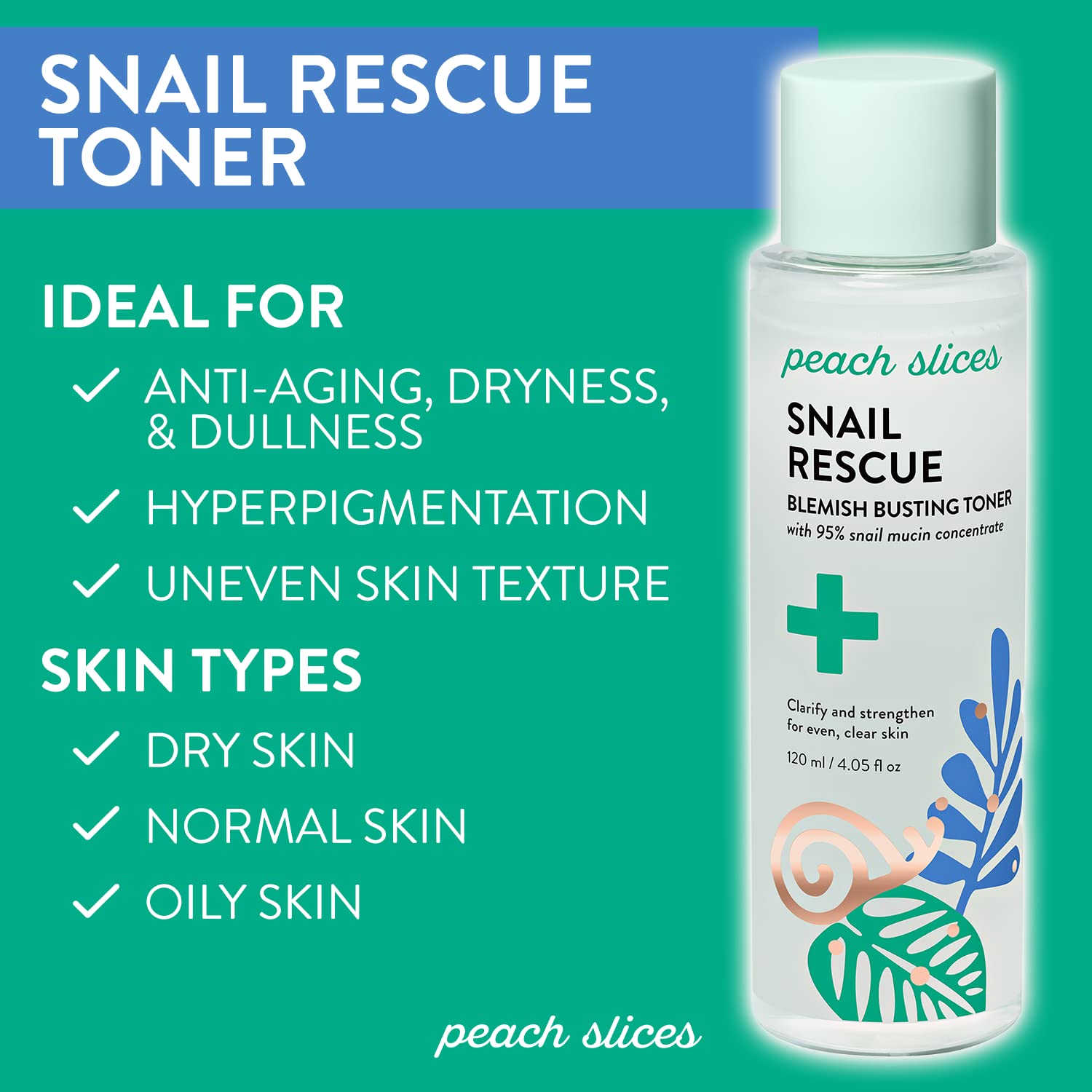Peach Slices | Snail Rescue Blemish Busting Toner | 95% Snail Mucin | Pore Cleaner | Hydrates & Balances | Korean Skin Care | Ci