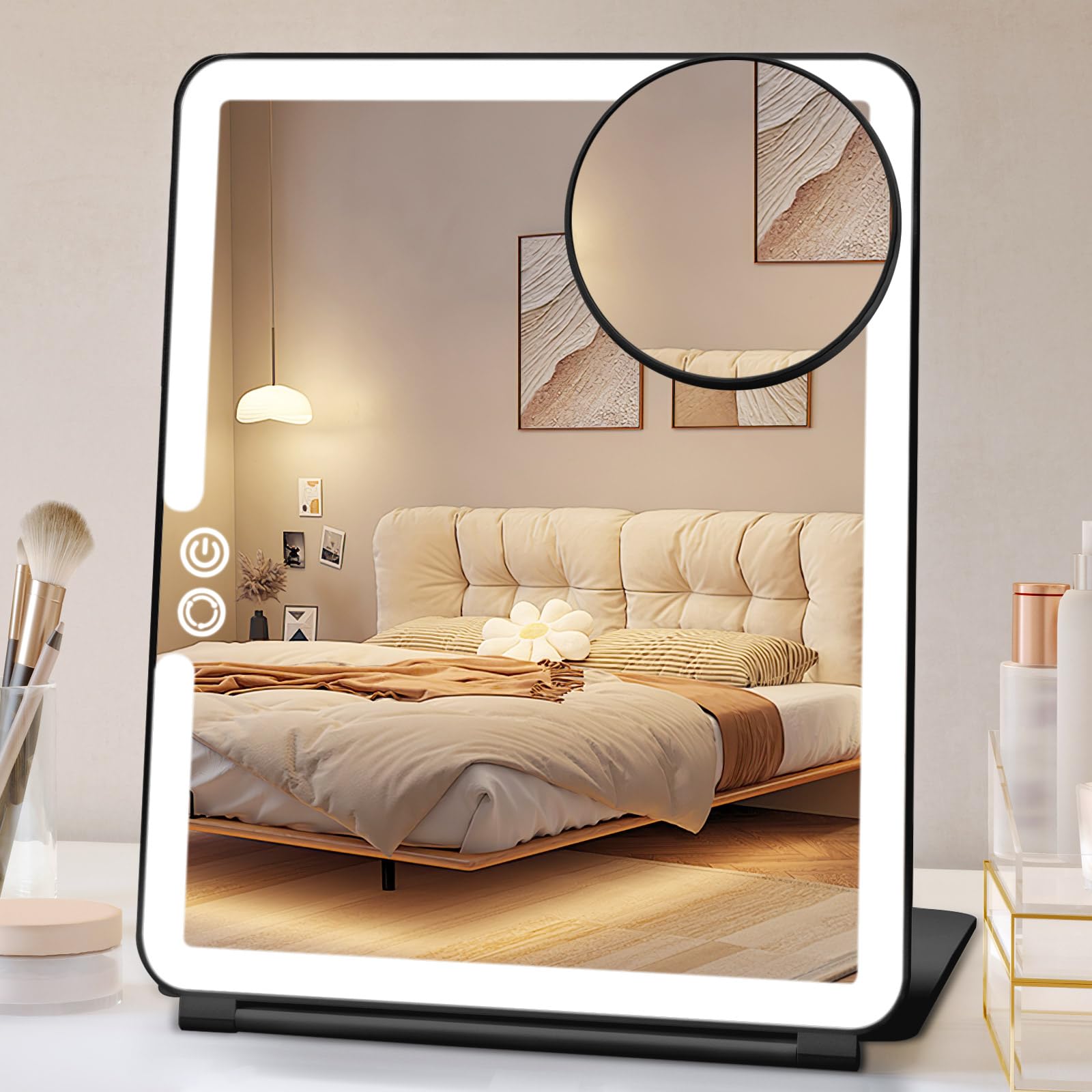 FUNTOUCH 10x7.5 inch Portable Large Travel Makeup Mirror with Lights, 1800mAh Rechargeable Lighted Makeup Mirror with 10X Magnif