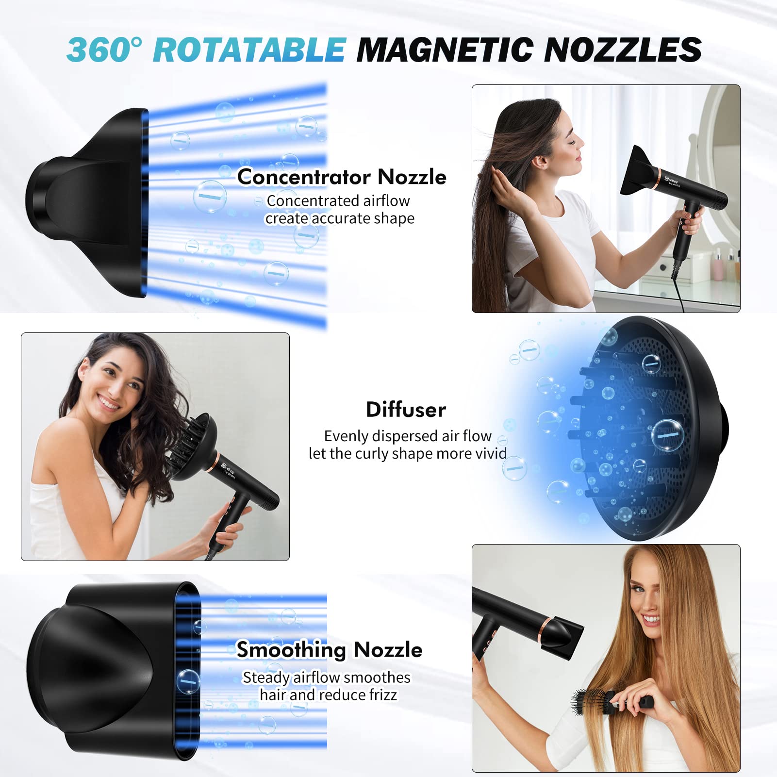 Nicebay Ionic Hair Dryer, Professional Blow Dryer With 3 Attachments, 110000Rpm High-Speed Brushless Motor For Fast Drying, Ligh