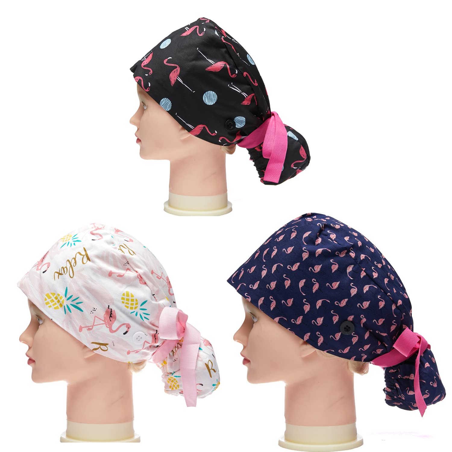 Scrub Cap Long Hair Ponytail Nursing Buttons Chemo Hats Cancer Headwear Head Scarfs Nurse Hat For Women Working Cap With Sweatba