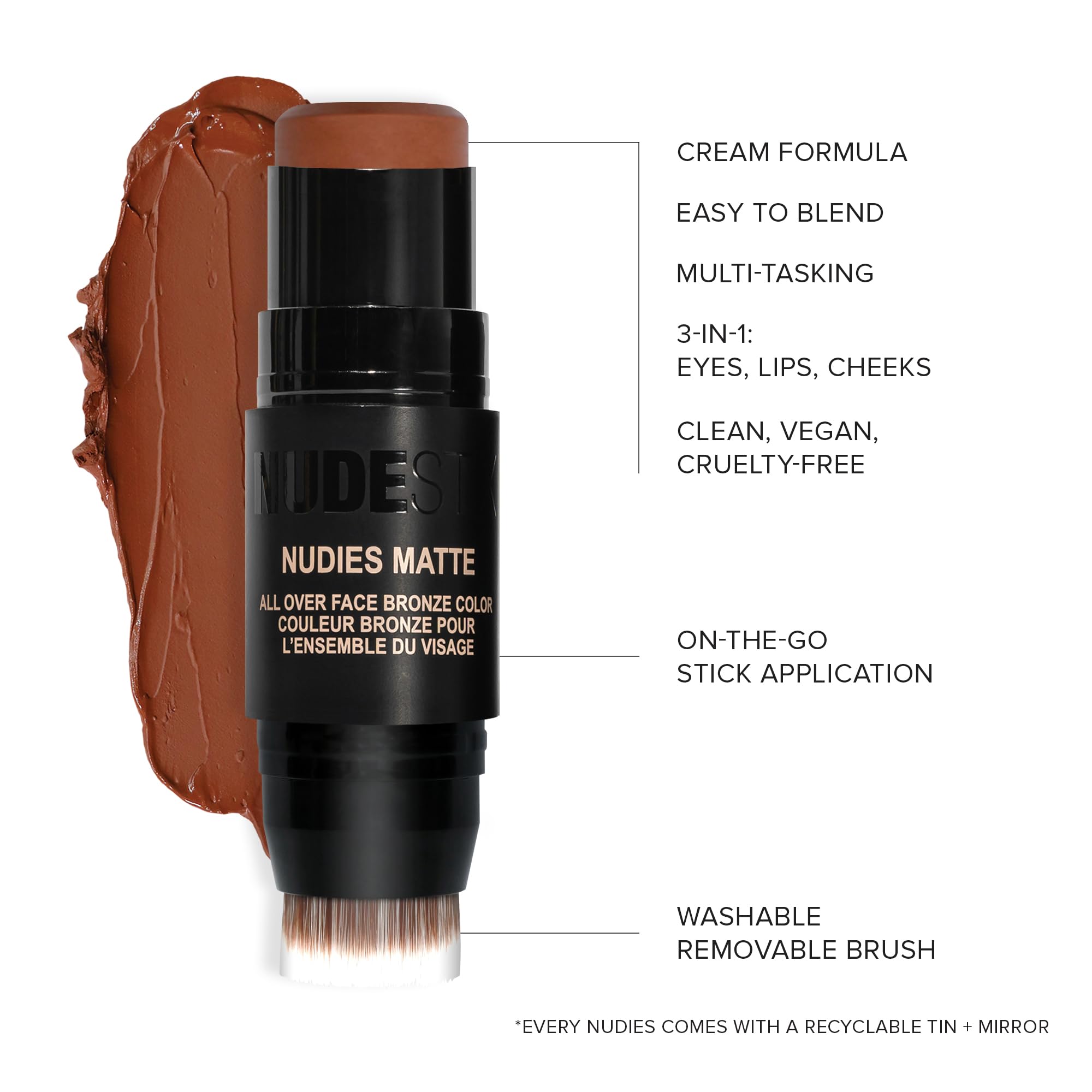 Nudestix Nudies Matte Cream Bronzer 3-In-1 All Over Face Colour For Face, Eyes, And Lips W/Blending Brush (Deep Maple Eh)