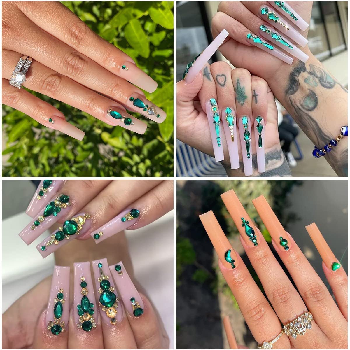 Qiipii Green Nail Rhinestones Multi Shapes Emerald Green Rhinestones For Nails Flatback Nail Big Gems K9 Glass Round Beads Stone