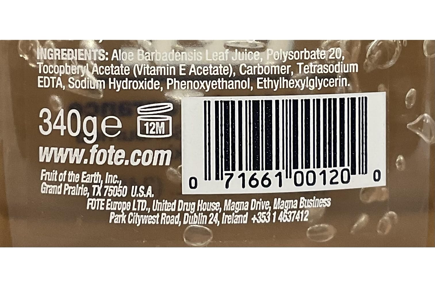 71661000120 Part# 71661000120 - Gel Moisturizing Aloe Vera 100% 12Oz Ea By Fr...
