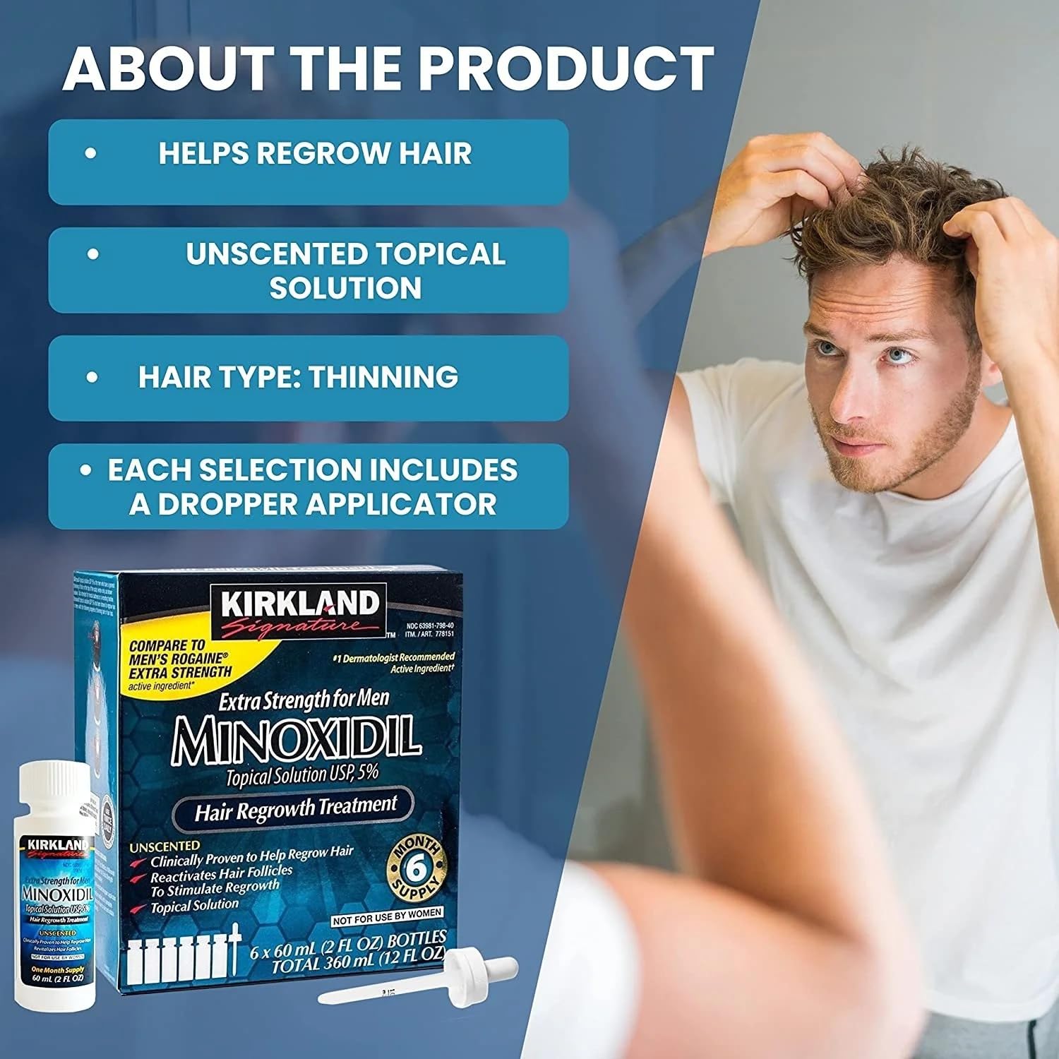 Minoxidil For Men 5% Topical Solution Extra Strength Hair Regrowth Treatment, Dropper Applicator Included (6 Month Supply), Clea