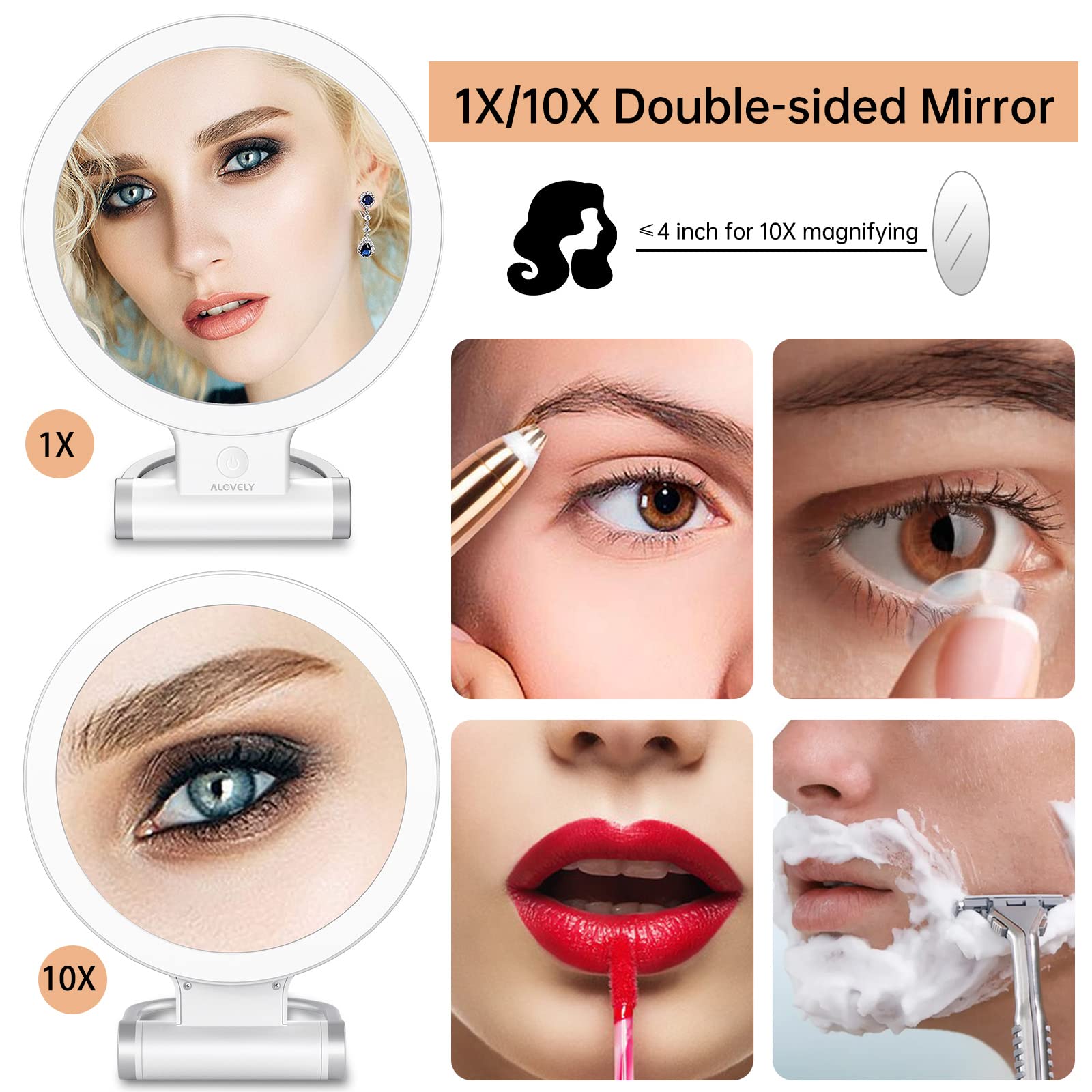 Alovely Travel Magnifying Mirror With Light, Lighted Makeup Mirror With 1X/10X Magnification Portable Led Vanity Mirror With 3 C