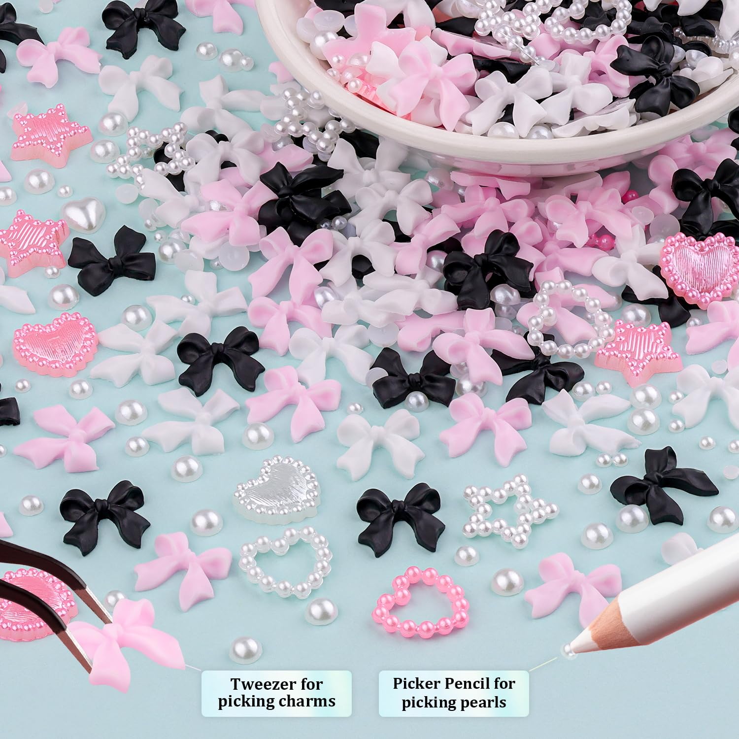 600 Pcs 3D Nail Charms And Flatback Pearls Set 3, Pink&White&Black Nail Bows + Pink&White Star Heart Cute Nail Jewels + 2-4Mm Wh