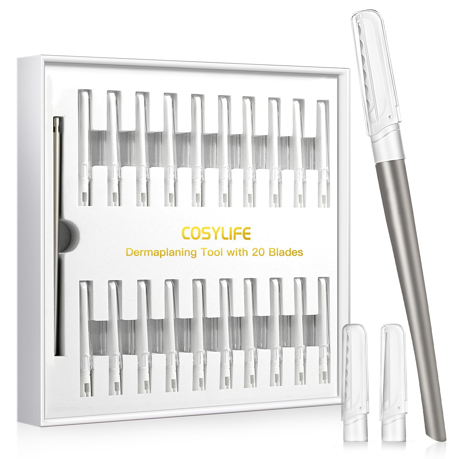 Dermaplaning Tool for Face Exfoliation, with 20 Replaceable Blades, Facial Shaver/Eyebrow Razor, Peach Fuzz Removal Eyebrow Shap
