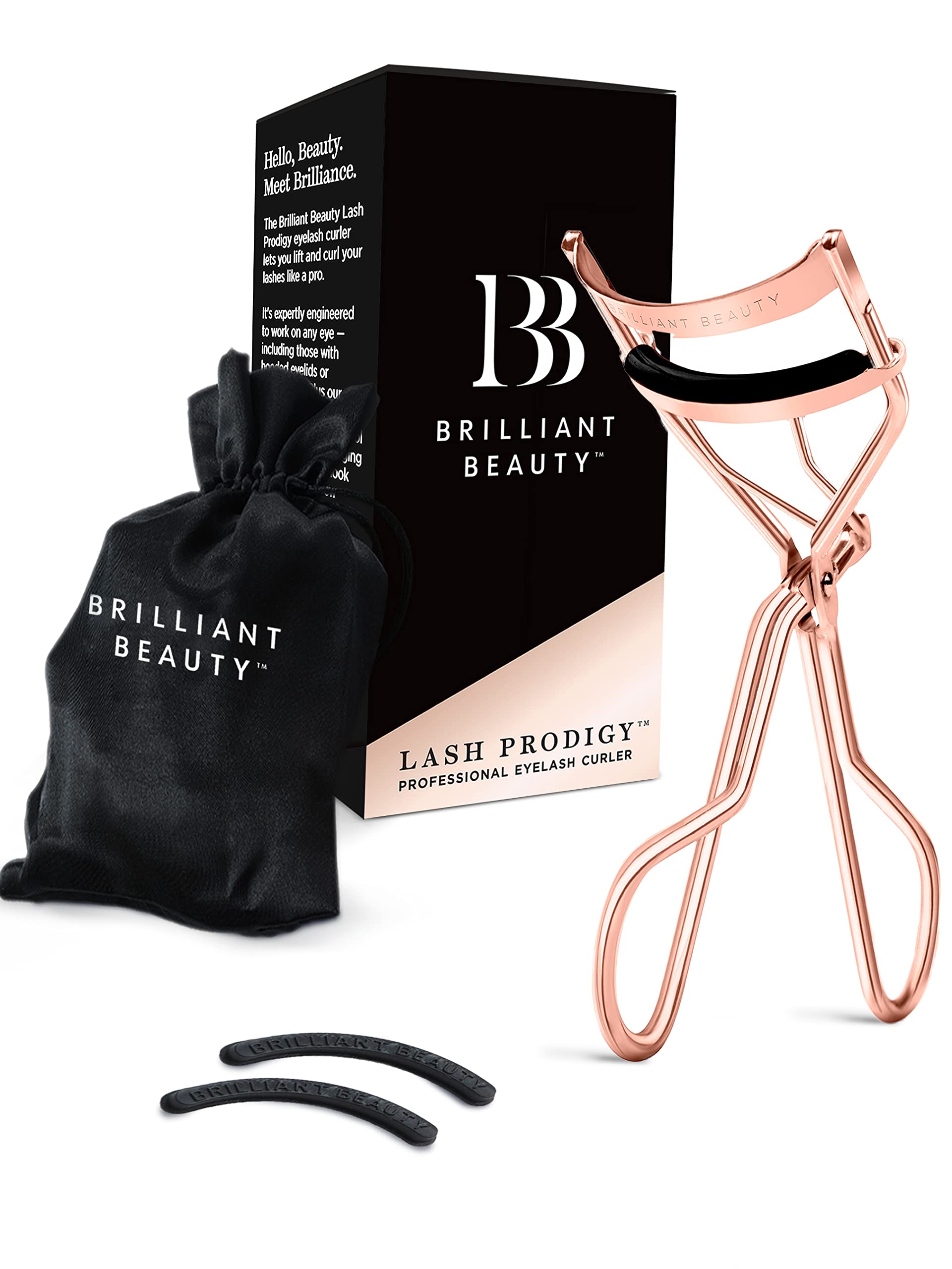 Brilliant Beauty Eyelash curler with Satin Bag & Refill Pads - Award Winning - No Pinching, Just Dramatically curled Eyelashes f