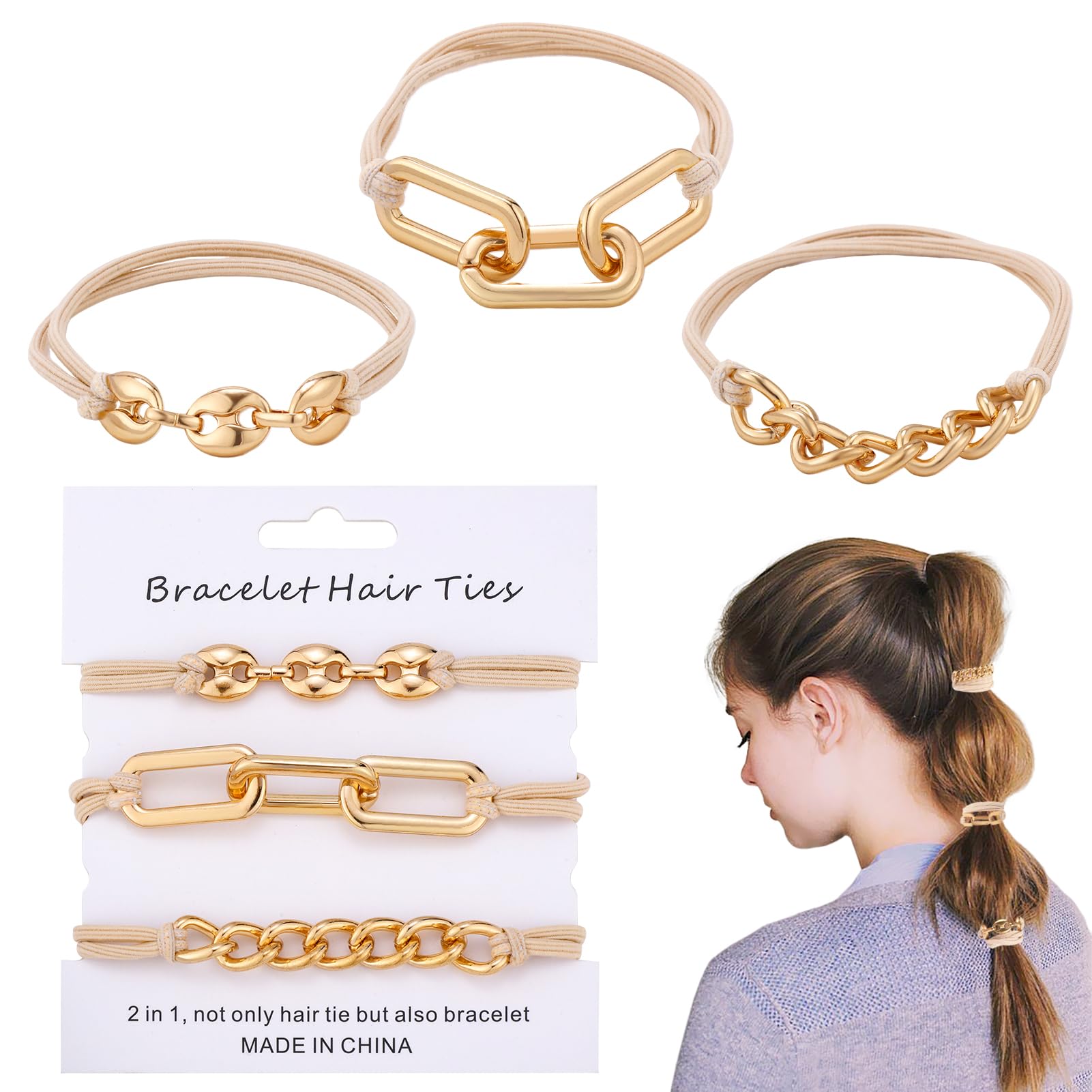 TUCEWP Hair Tie Bracelets For Women 3 PCS Gold, Silver, Beige - Hair Ties For Thick Hair With Elastic - Cute On Your Wrist And G