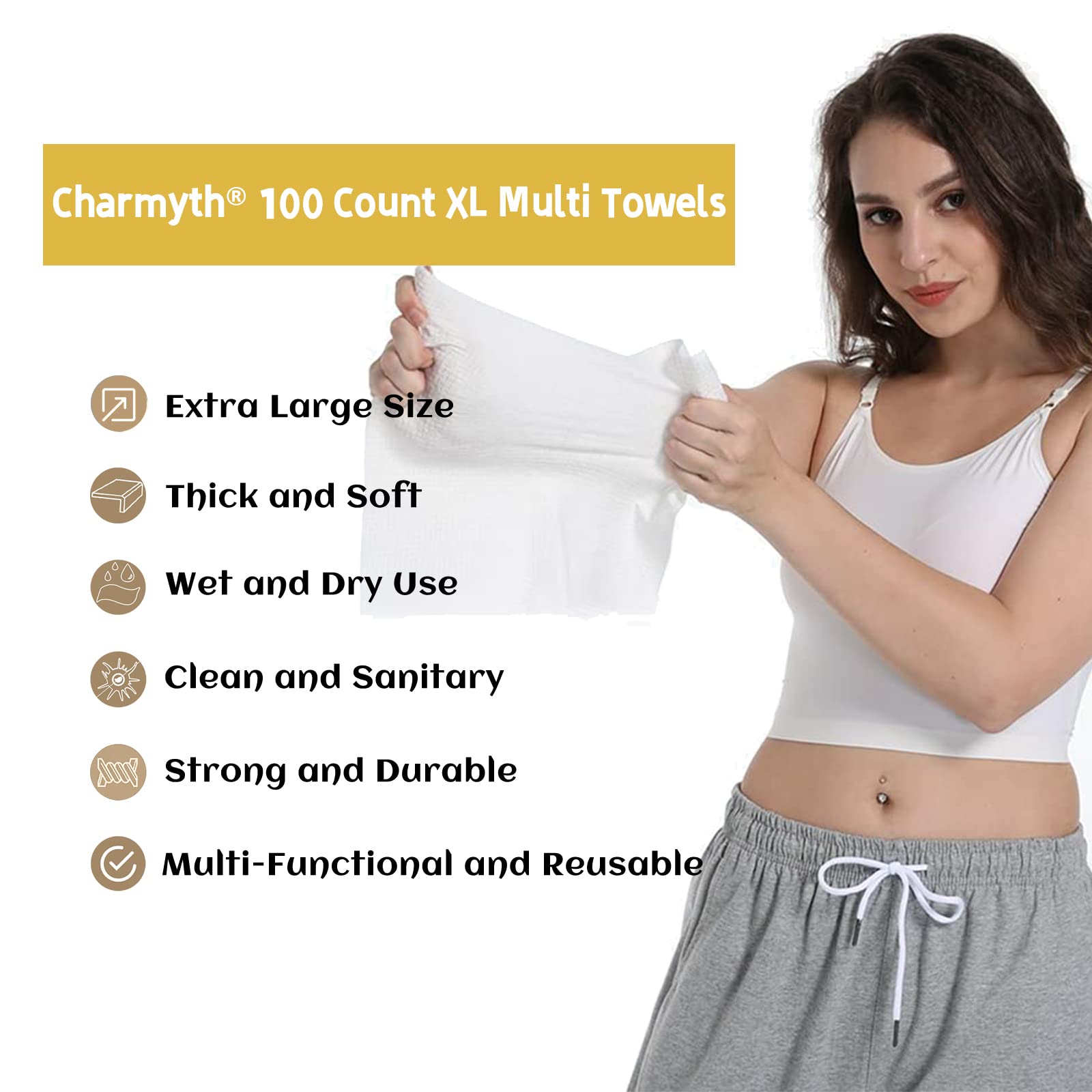Charmyth Disposable Face Towel, Clean Face Tissue Skin Towel 100 Count Xl, Extra Thick Soft Disposable Makeup Remover Dry Wipes,