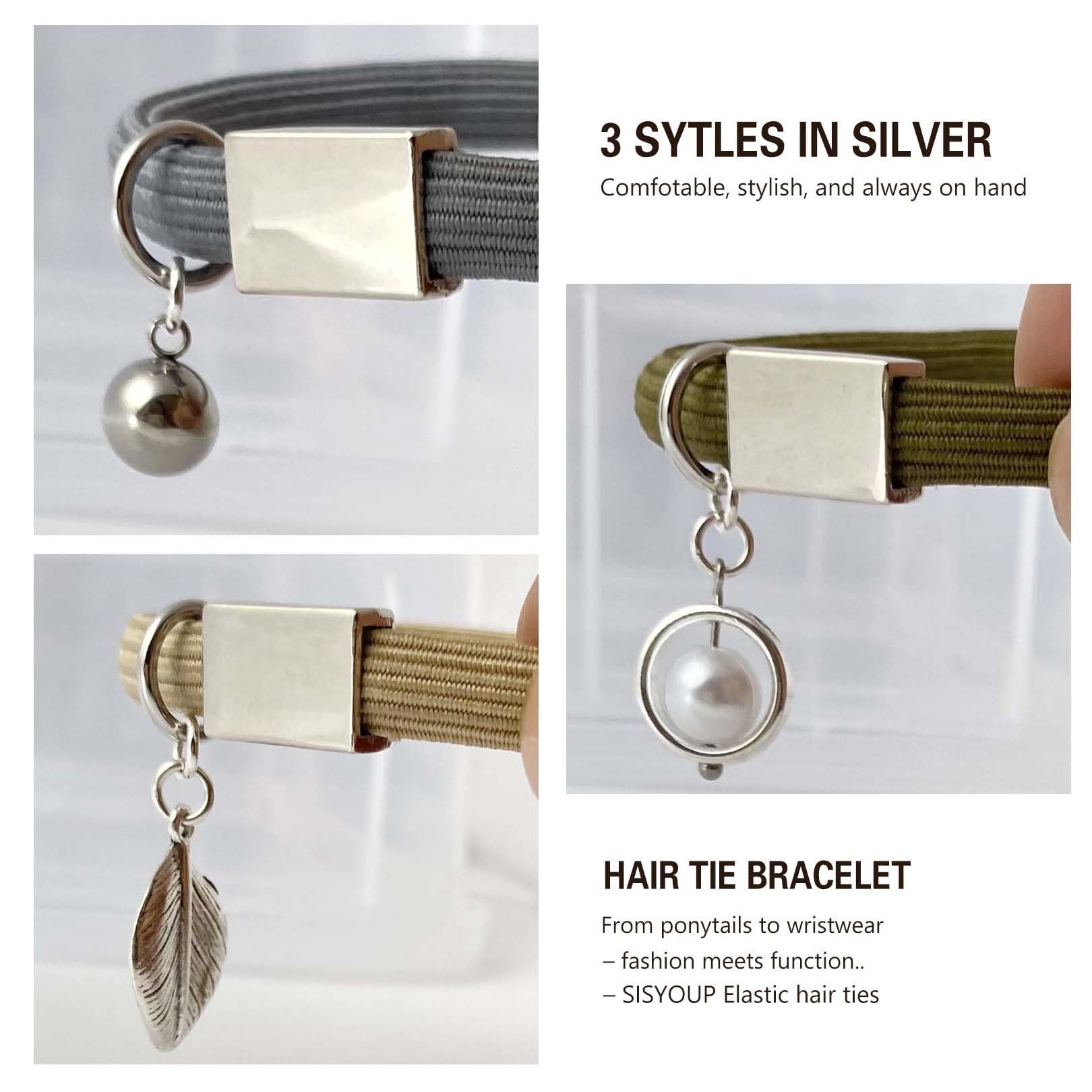 Hair Tie Bracelets With Silver Charm For Women - 8Mm Thick Elastic No-Damage Holders For Cute High Ponytails