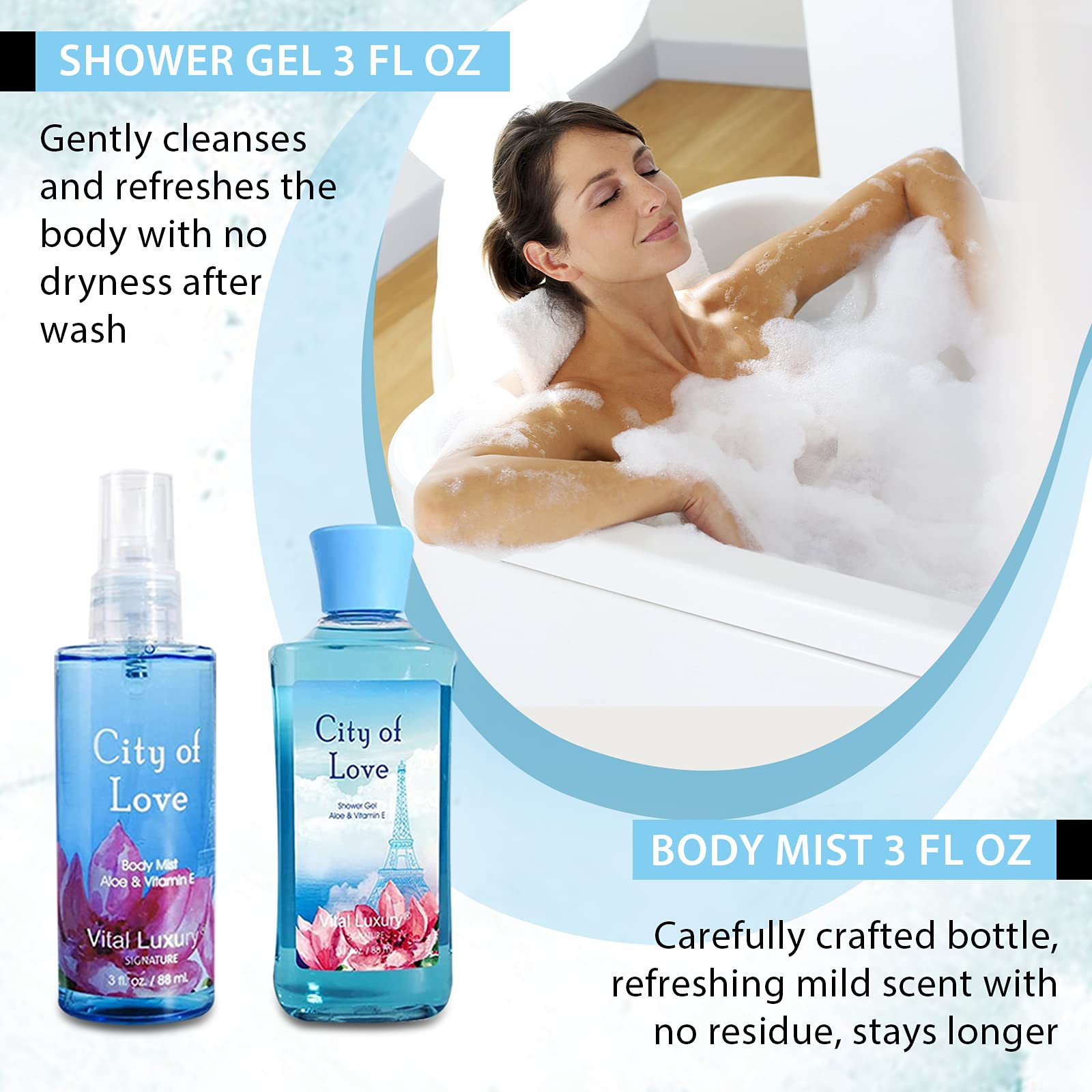 Vital Luxury Bath & Body Kit, 3 Fl Oz, Ideal Skincare Gift Home Spa Set, Includes Body Lotion, Shower Gel, Body Cream, And Fragr