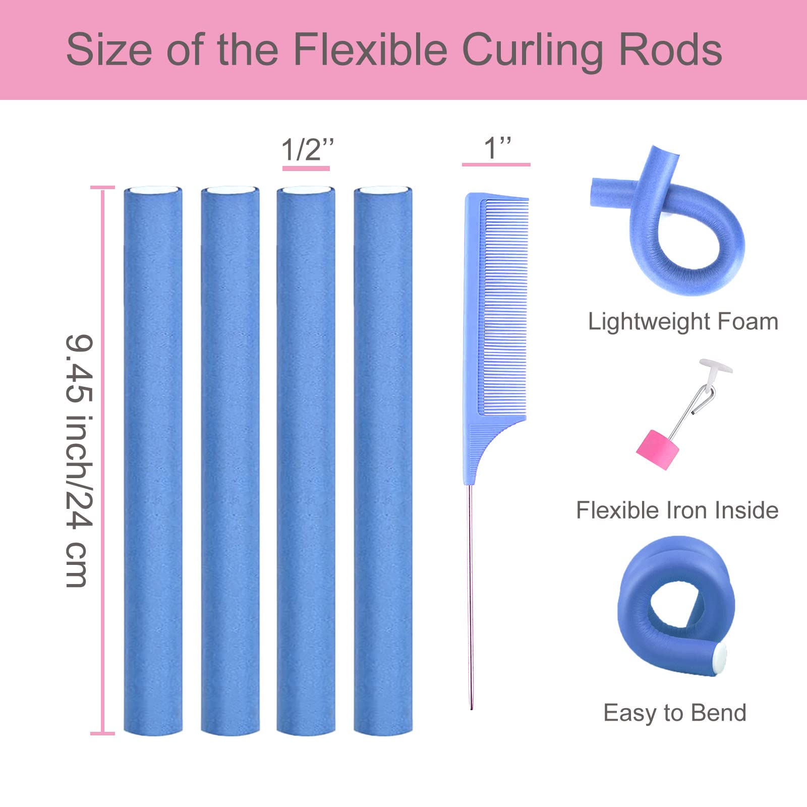 36 Flexi Rods Hair Rollers, Flexible Foam Curling Rods For Long & Short Hair Twist - No Heat Bendy Rollers With 2 Steel Pintail
