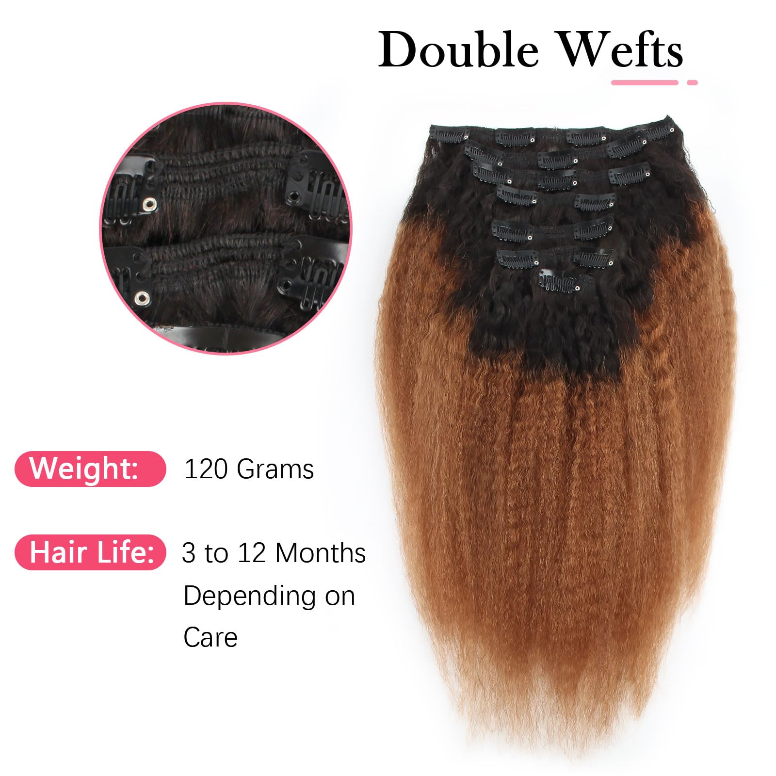 Sassina Kinky Straight Human Hair Extensions Unprocessed Brazilian Virgin Remy Human Hair For Black Women 7 Clips And 120G Gram