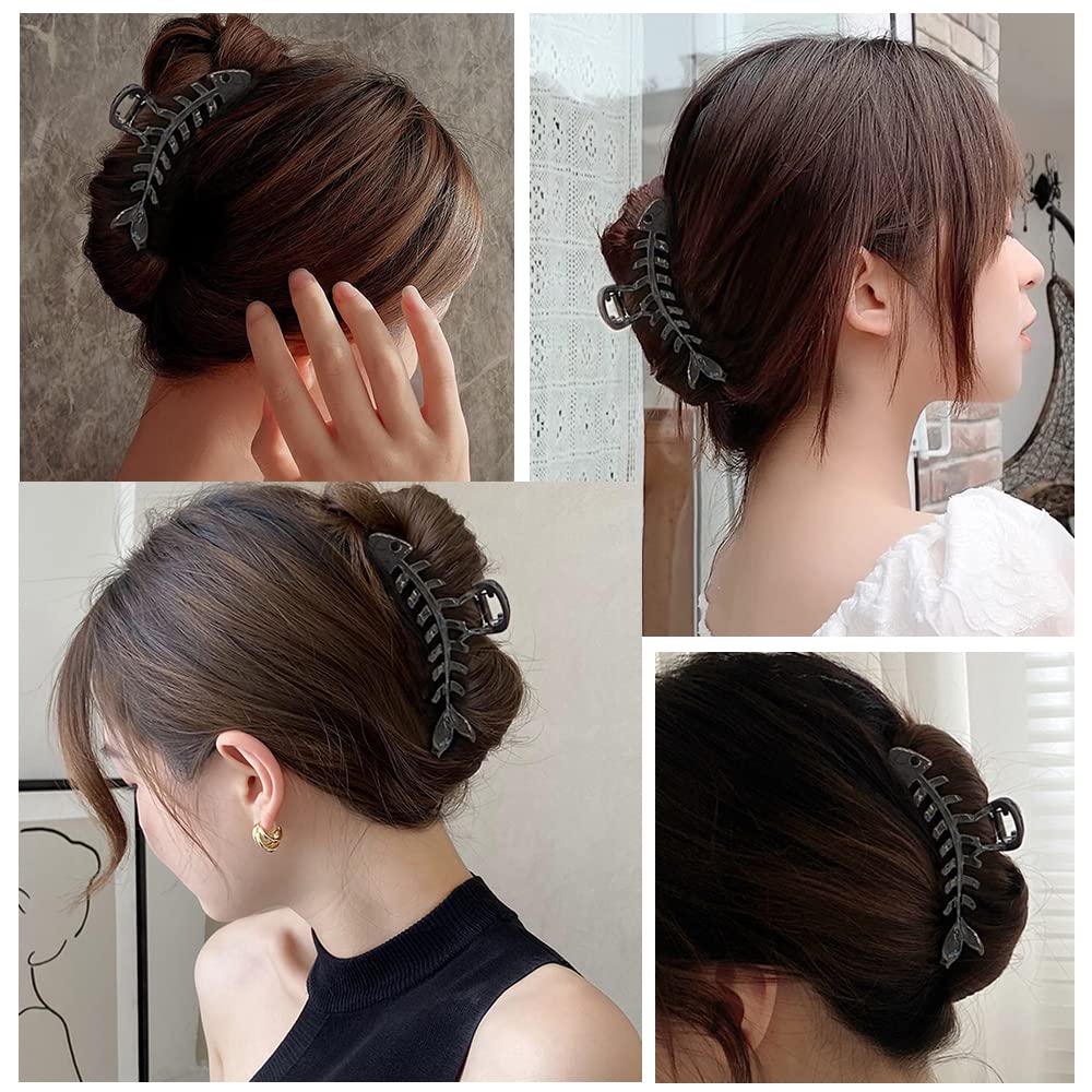 Aiupuoc Black Hair Clip Fish Bone Shape Metal Hair Claw For Women - Fashion Geometric Hairpins, Hair Grip For French Style Haird
