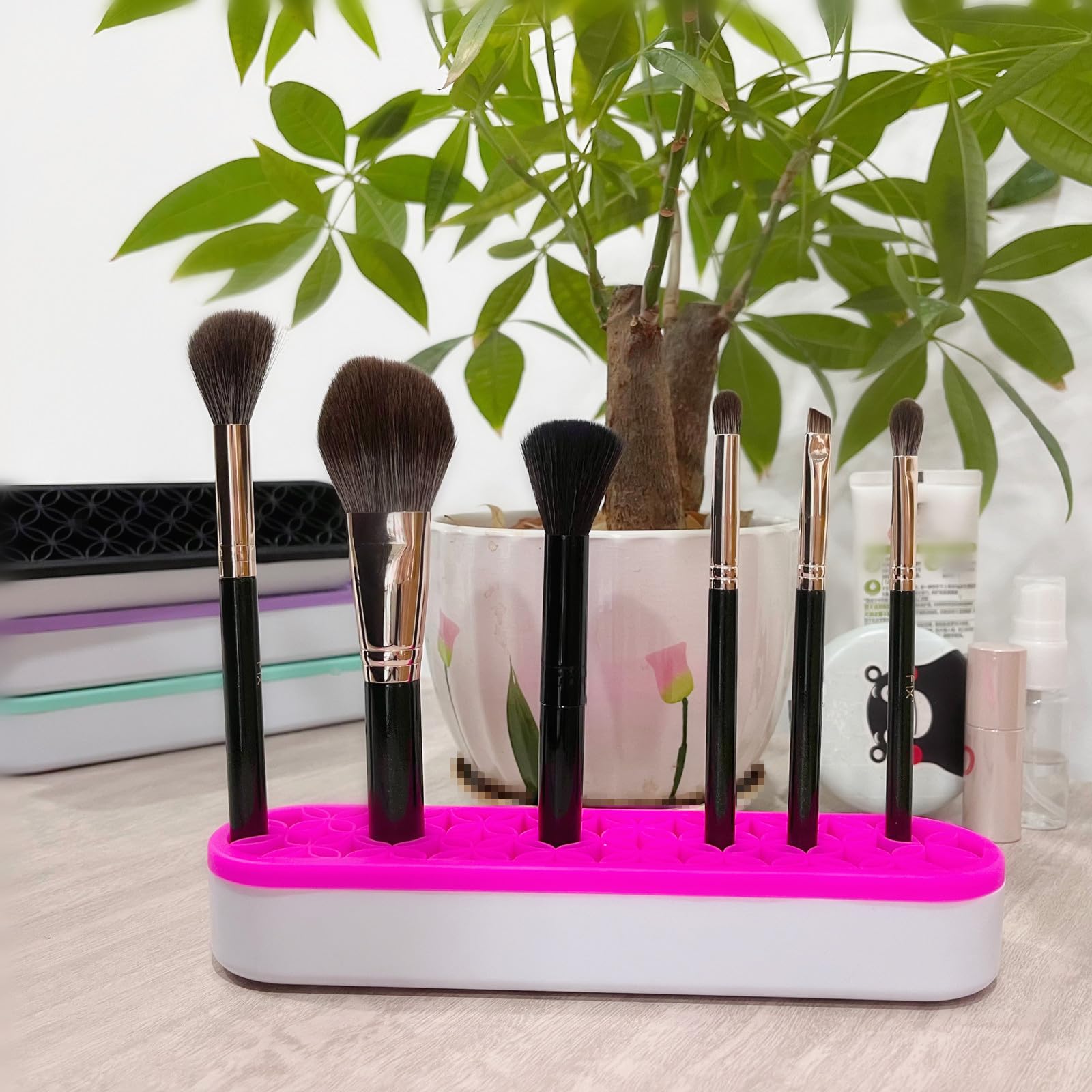 Tang Song 2 Pcs Silicone Make Up Brush Holder Cosmetic Storage Box Desktop Organizers (Pink)