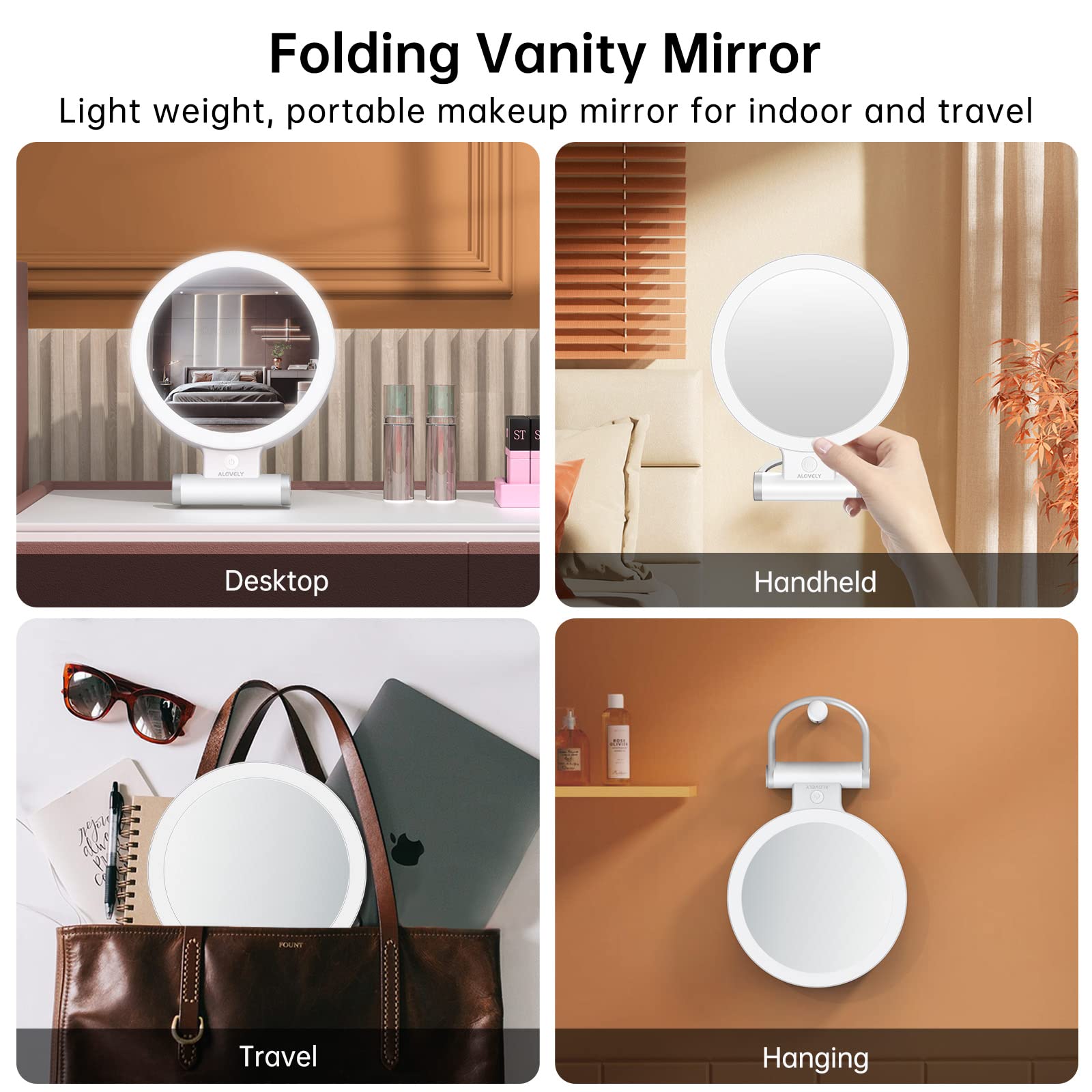 Alovely Travel Magnifying Mirror With Light, Lighted Makeup Mirror With 1X/10X Magnification Portable Led Vanity Mirror With 3 C