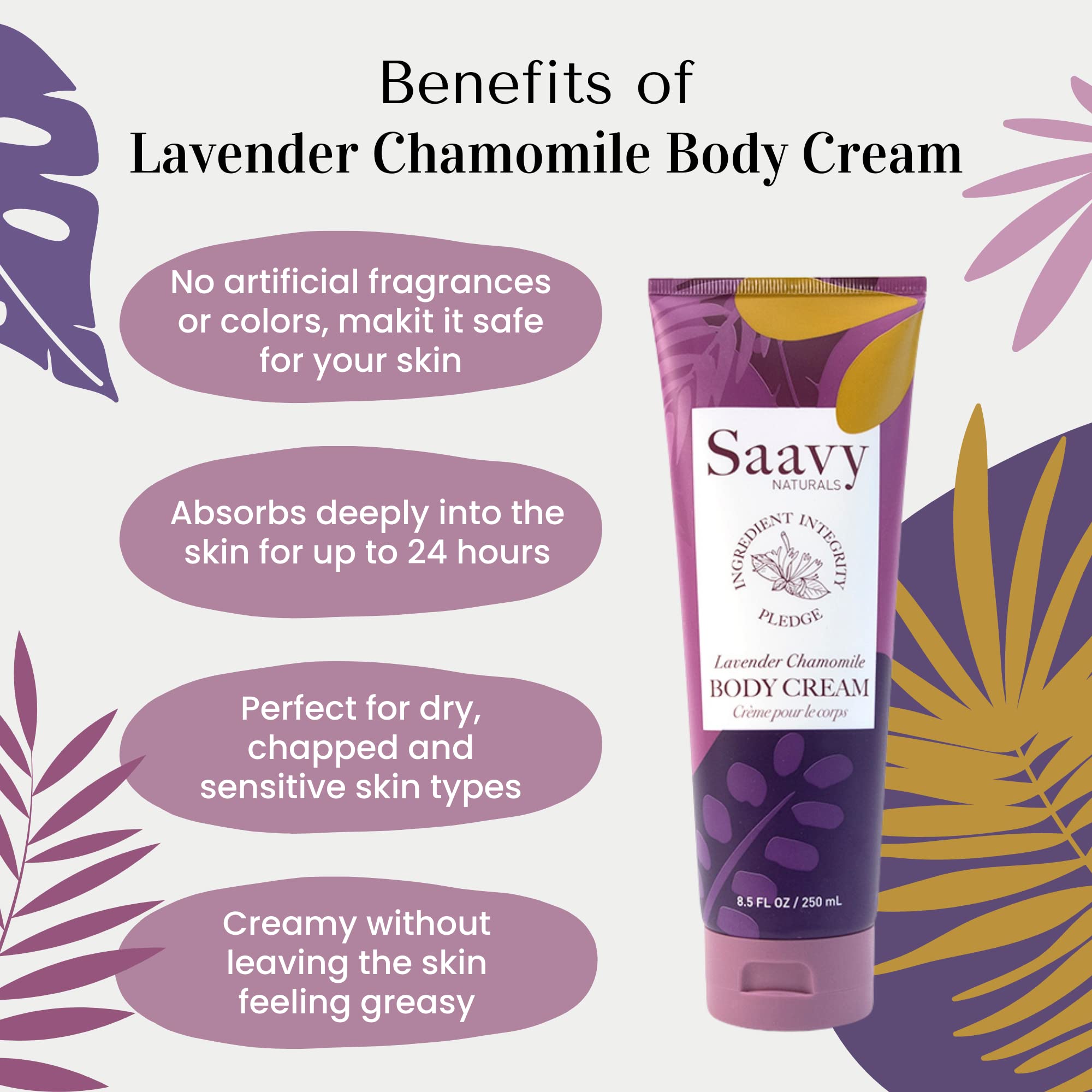 Saavy Naturals Lavender Chamomile Body Cream For Women, Absorbent Shea Butter Vegan Formula For Women, Thick And Creamy, Natural