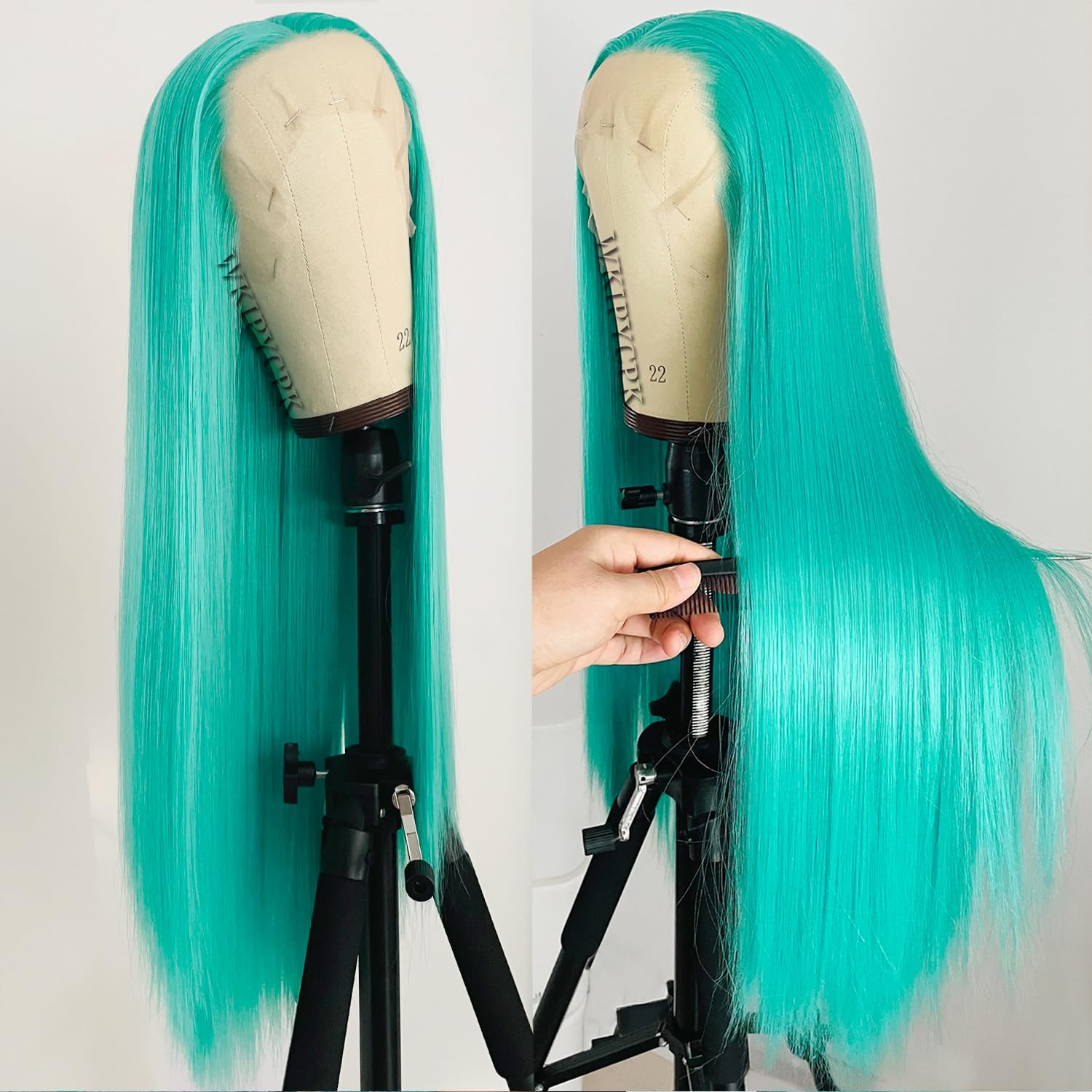Wkipycpk Blue Green Color Synthetic Lace Front Wigs For Fashion Women 24 Inch Long Silky Straight Hair Mint Green Wig 13X3 Hd La