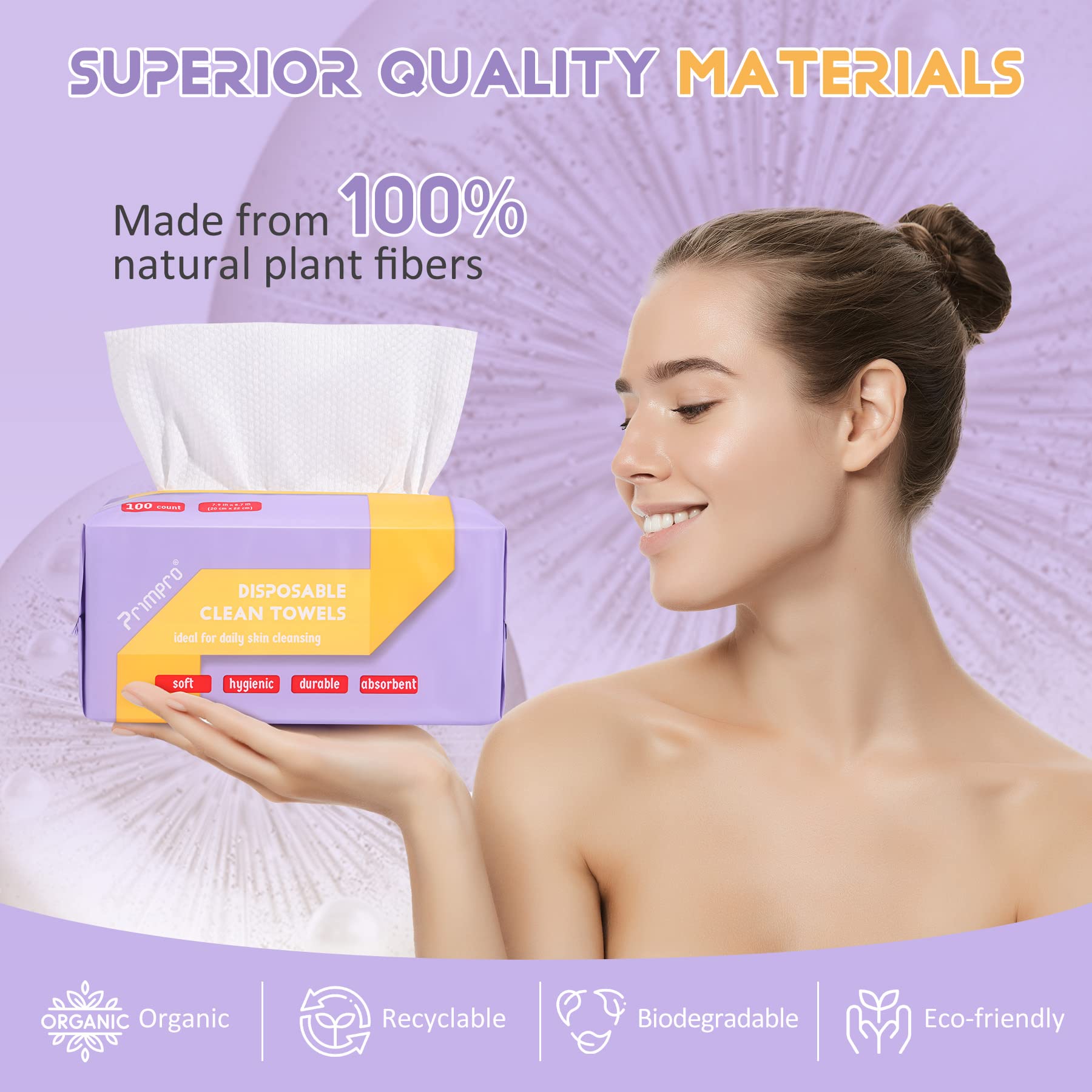 Primpro 100 Count Disposable Face Towels For Bathroom Guest Hand Washcloth Lint-Free Dry Wipes Biodegradable Facial Cleansing To
